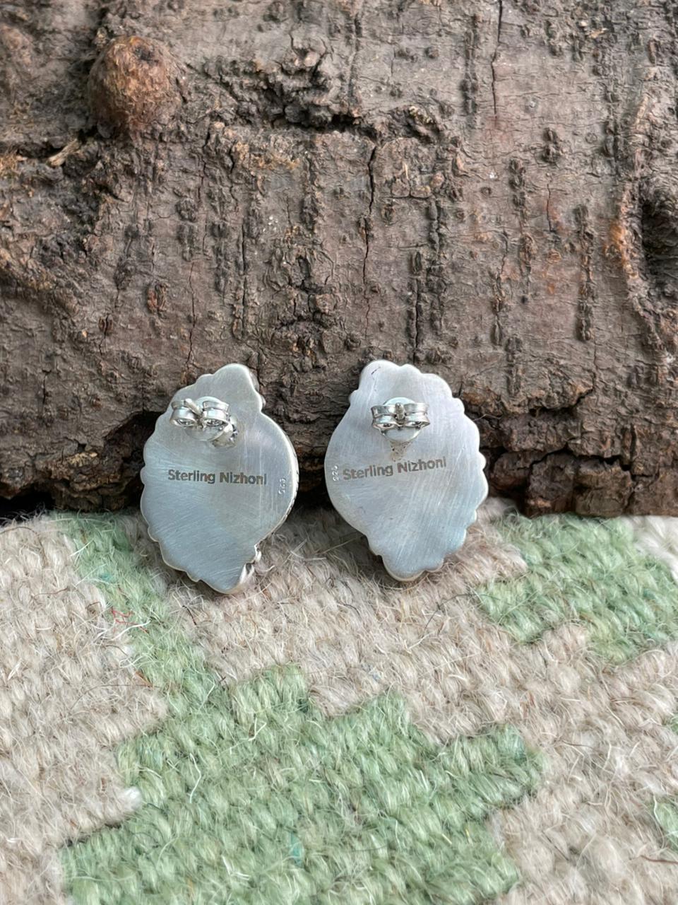 Handmade Sterling Silver Arizona Blue Turquoise with Hot Pink Post Studs Earrings "Signed Nizhoni"