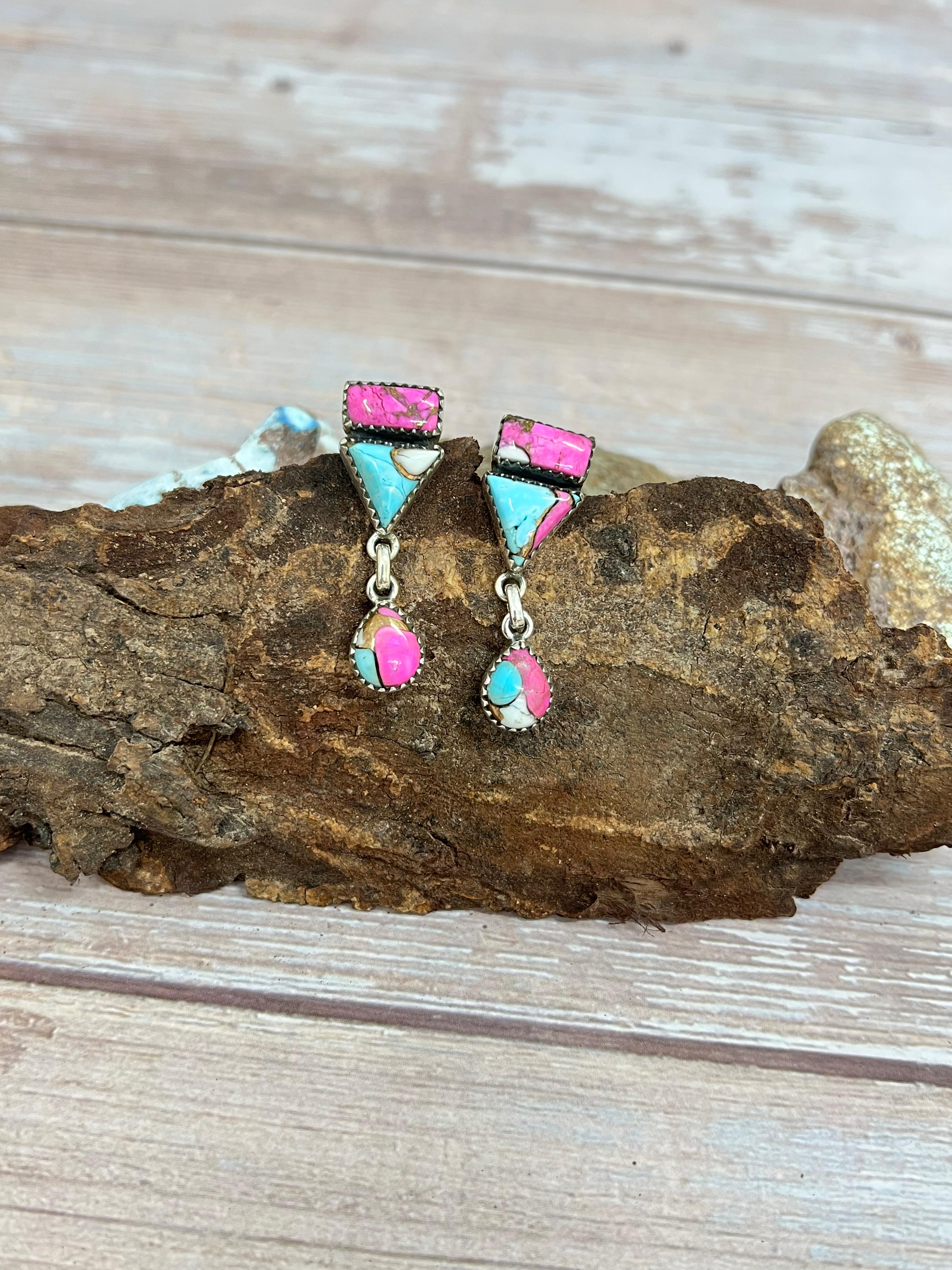 Handmade Sterling Silver Cotton Candy Turquoise Dangle Earrings with Signed Nizhoni