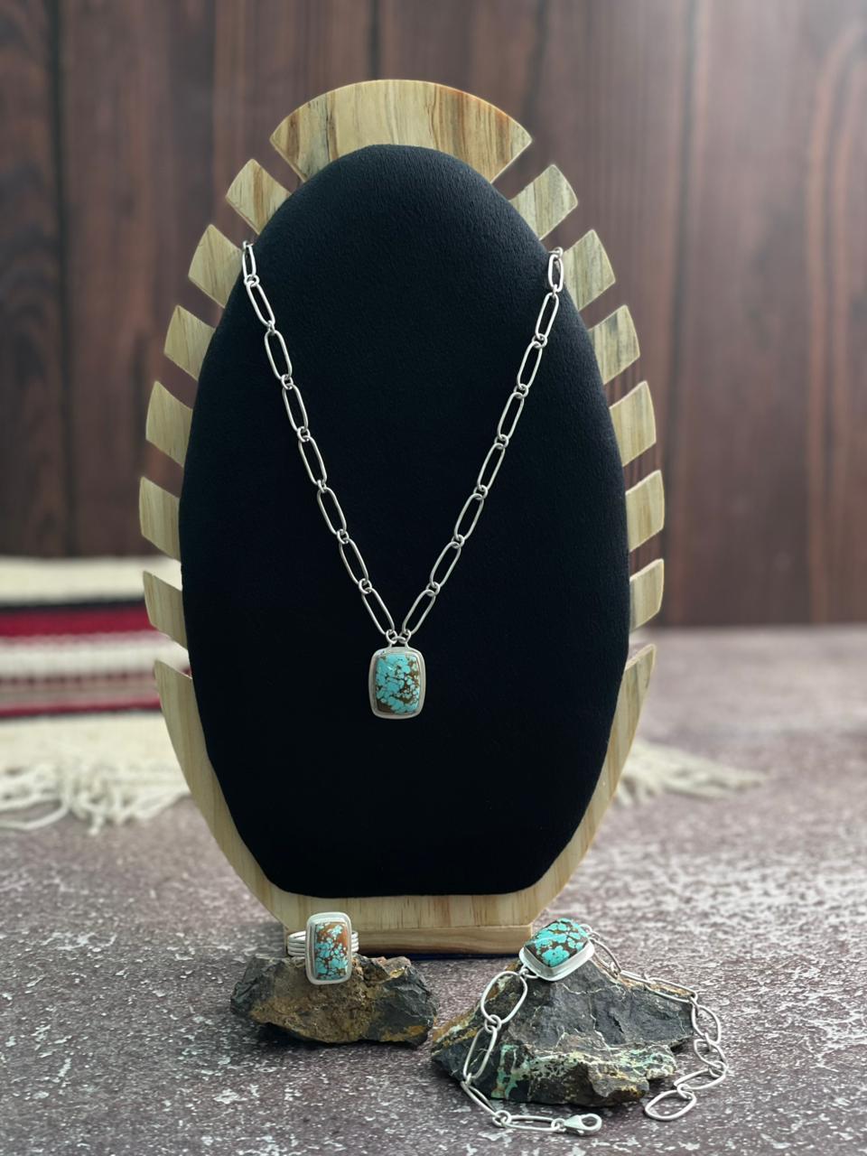 Handmade Sterling Silver Number 8 Turquoise Necklace Bracelet and Ring Set "Signed Nizhoni"