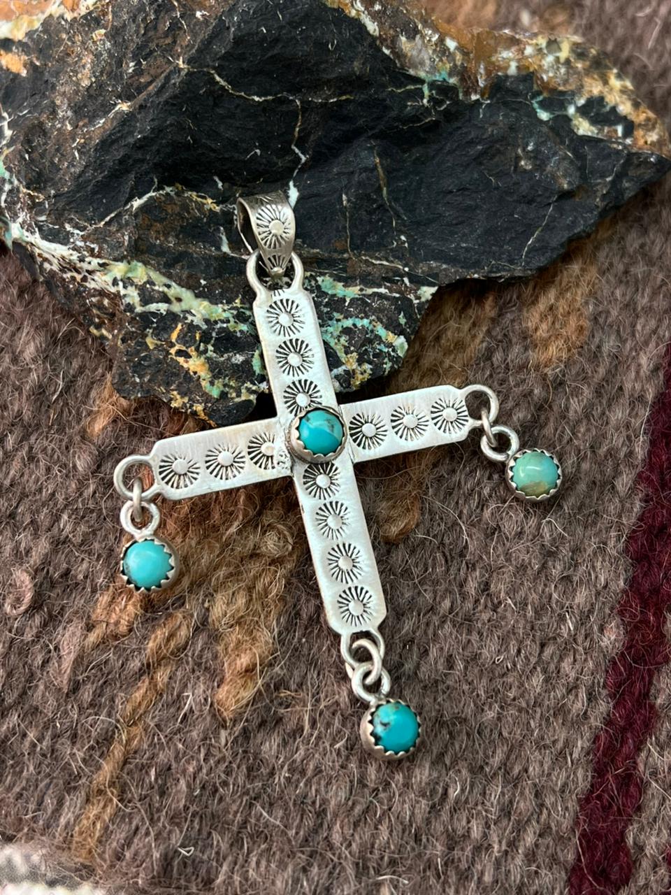 Handmade Sterling Silver Kingman Turquoise Cross Pendant "Signed Nizhoni"