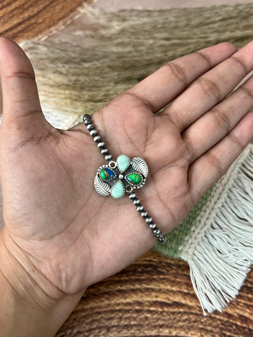 Handmade Sterling Silver Paloma with Peacock Dahlia Beaded Stretch Bracelet "Signed Nizhoni"