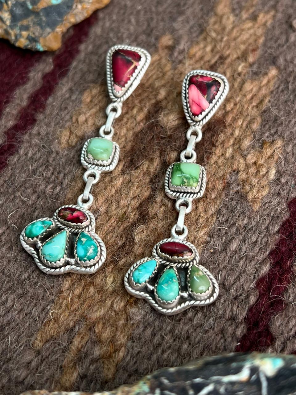 Handmade Sterling Silver Dahlia Rose with Emerald Valley Turquoise Post Earrings "Signed Nizhoni"