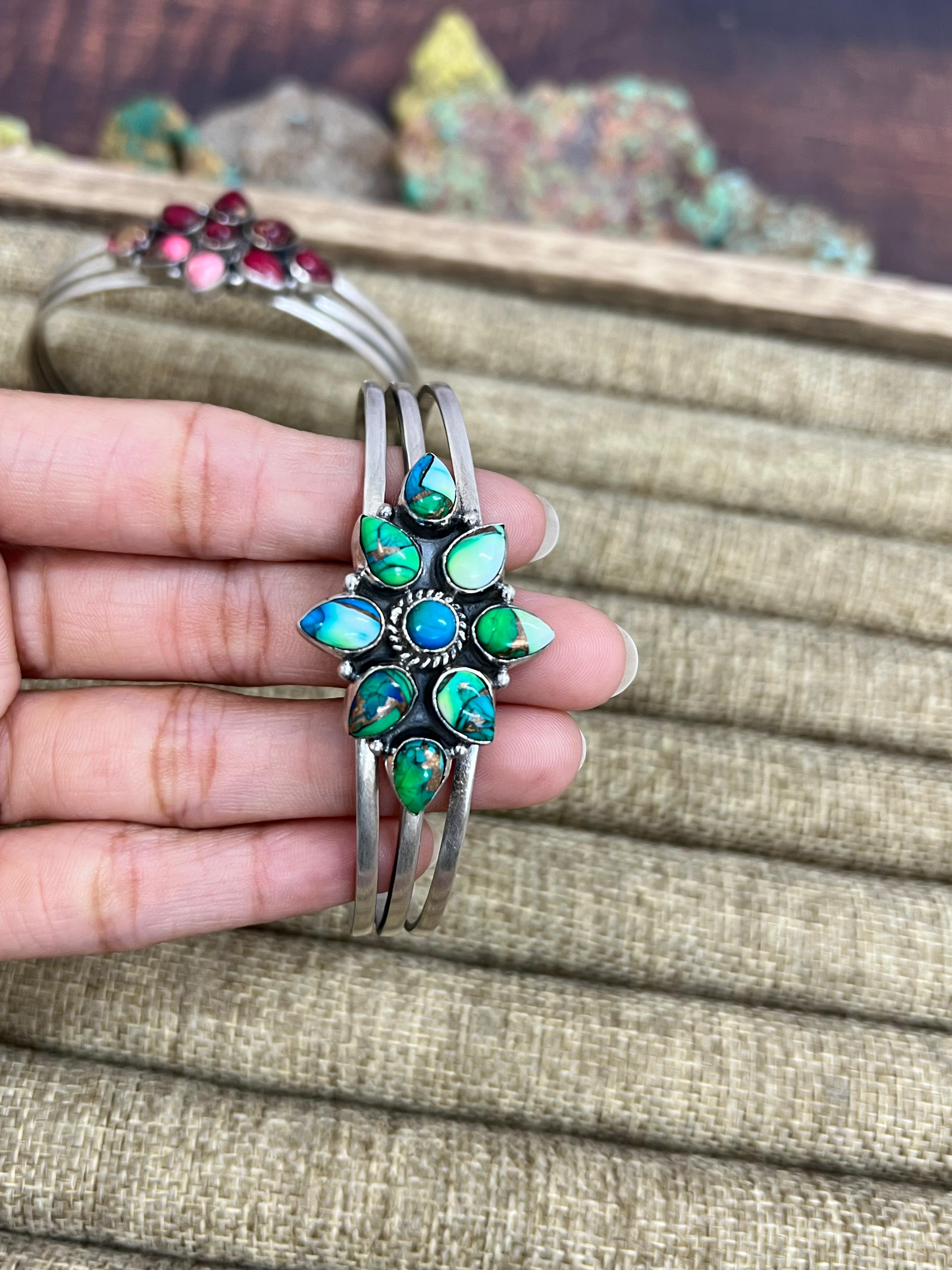 Handmade Sterling Silver Peacock Dahlia, Dahlia Rose, Cotton Candy Turquoise Cuff Bracelet with Signed Nizhoni