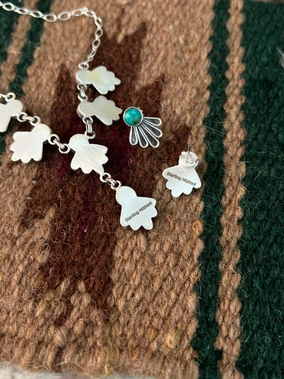 Handmade Sterling Silver Kingman Turquoise Necklace and Earrings Set Signed Nizhoni