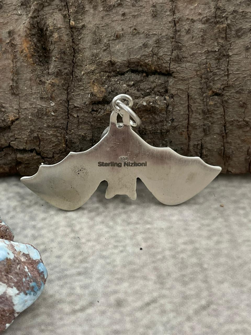 "Halloween Collection" Handmade Sterling Silver Black Onyx Bat Pendant with Signed Nizhoni