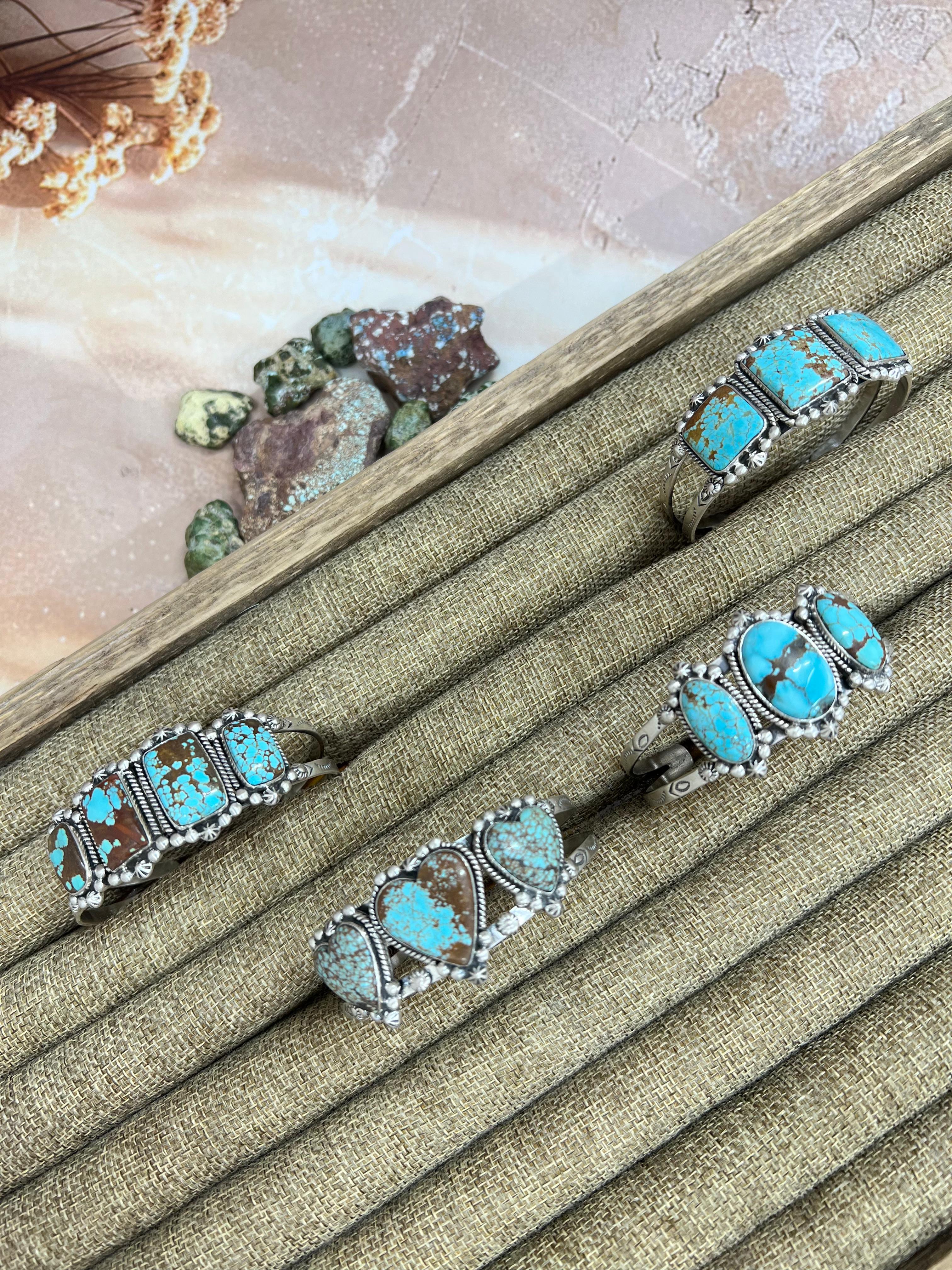 Handmade Sterling Silver Number 8 Turquoise Cuff Bracelet with Signed Nizhoni