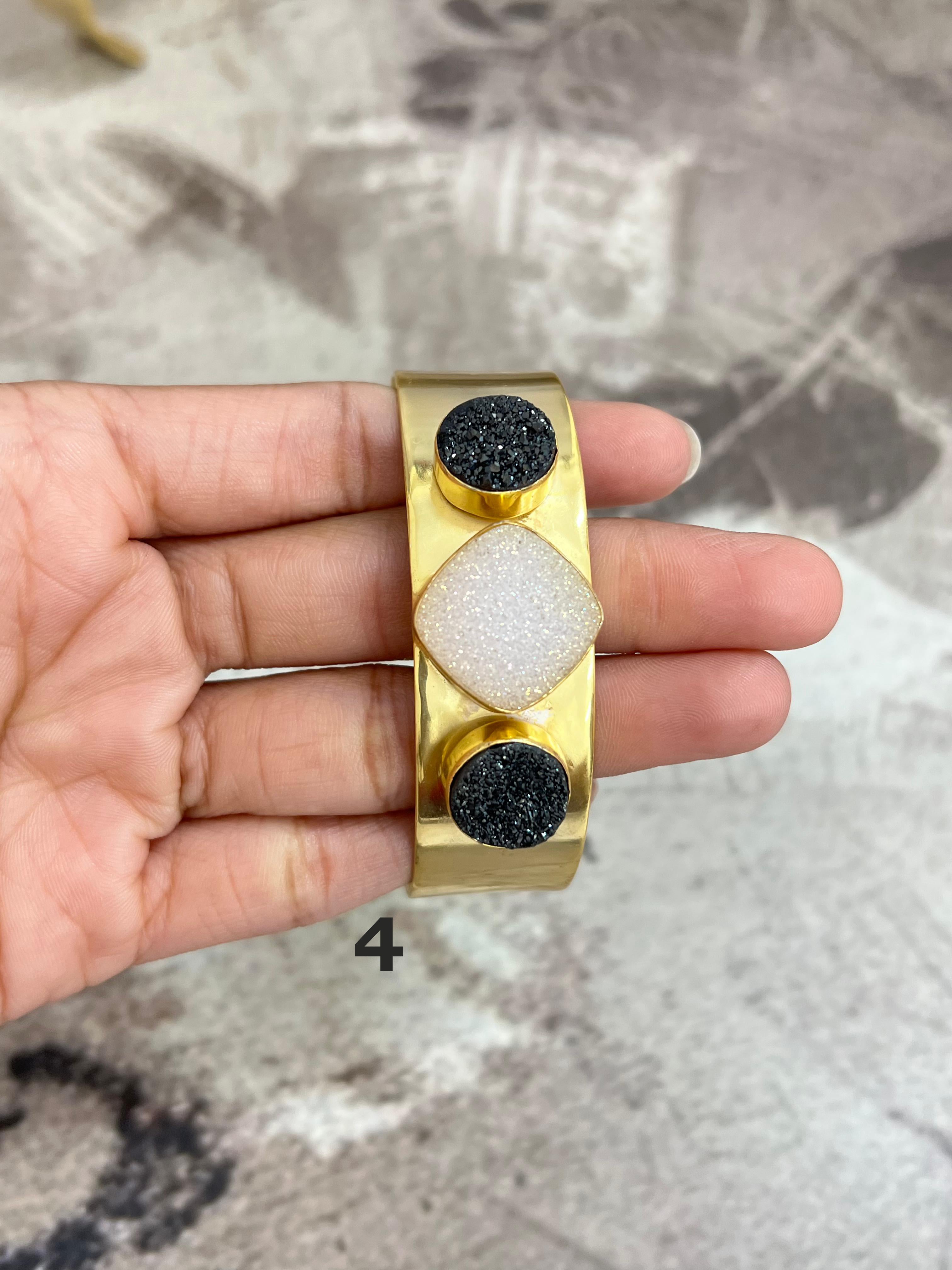 “The Boho Collection” Handmade Natural Gold Plated 3 Stone Druzy Cuff Bracelet