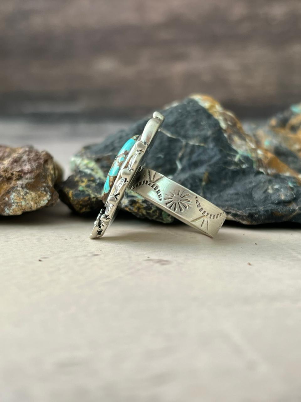 Handmade Sterling Silver Number 8 Turquoise Adjustable Ring "Signed Nizhoni"