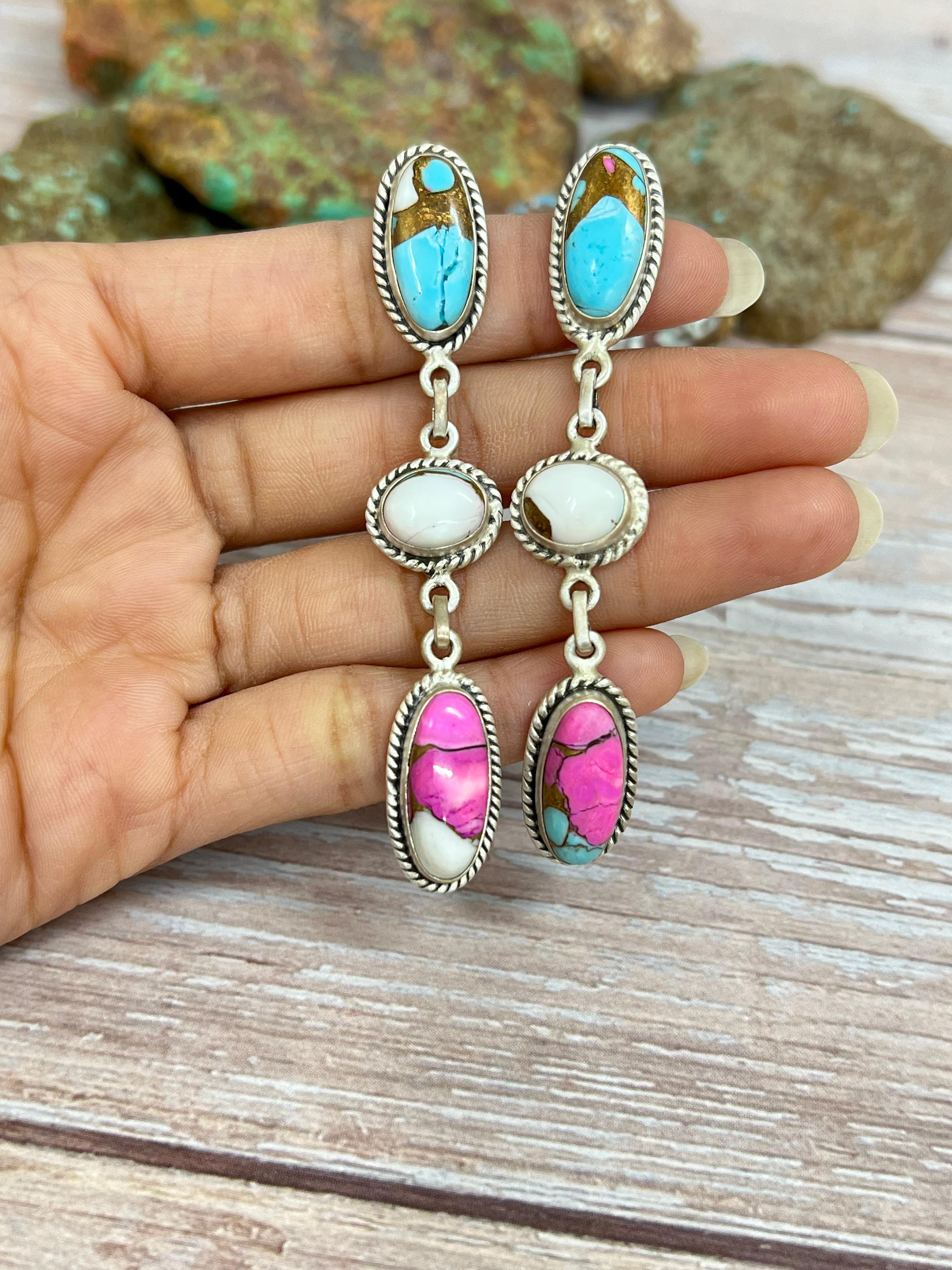 Handmade Sterling Silver Cotton Candy Turquoise Post Dangle Earrings with Signed Nizhoni (2)