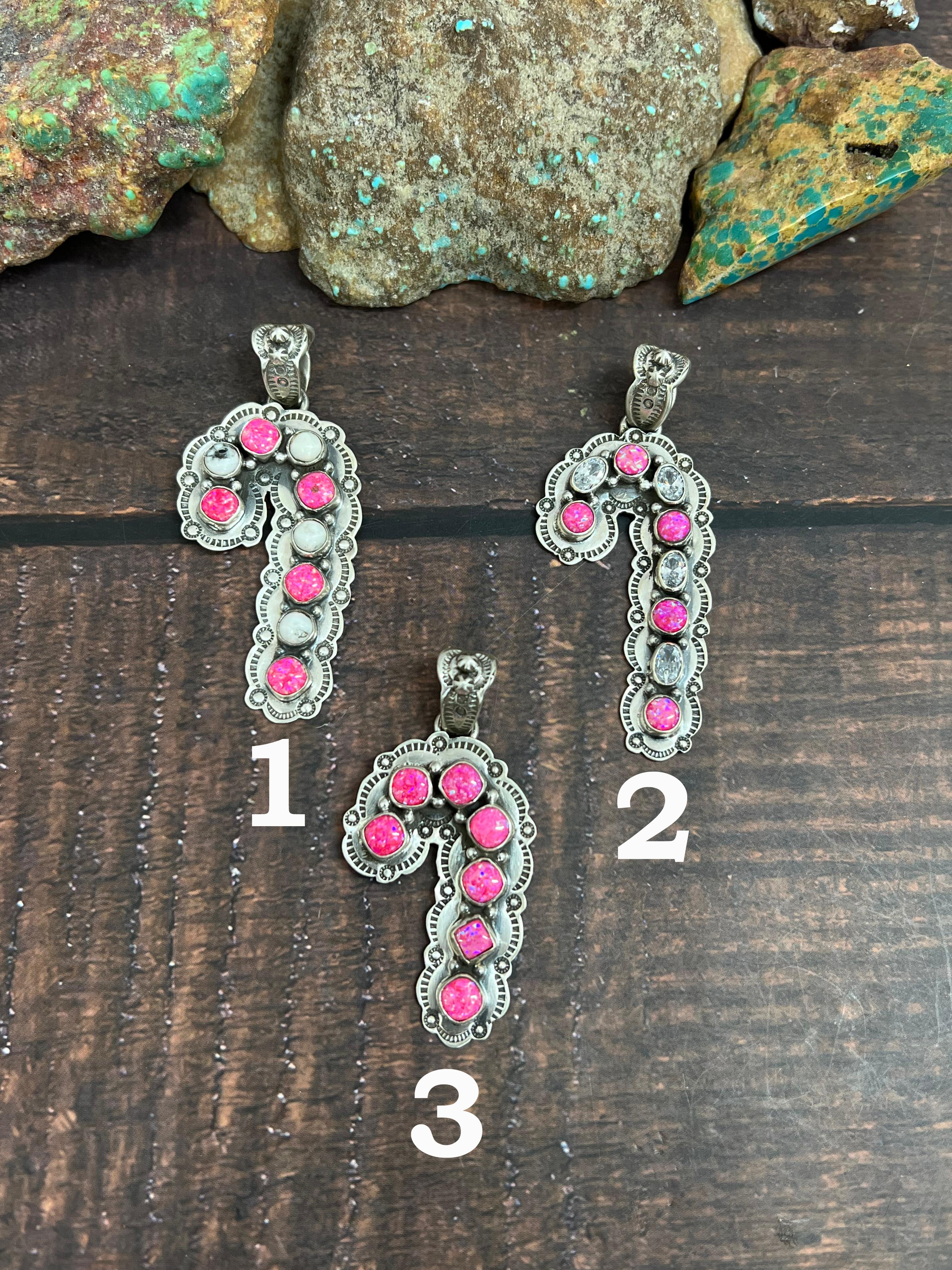 Handmade Sterling Silver Hot Pink with CZ, White Buffalo Pendant, Signed Nizhoni