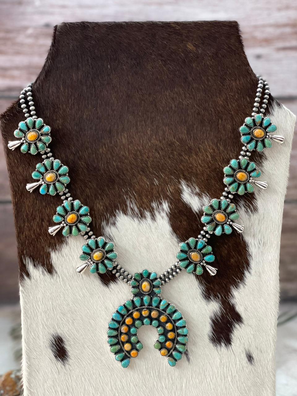 Handmade Sterling Silver Beaded Bumblebee with Kingman Squash Blossom Necklace "Signed Nizhoni"