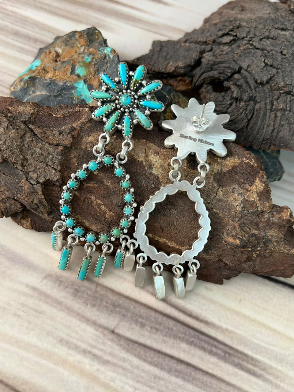Handmade Sterling Silver Kingman Turquoise Post Dangle Earrings Signed Nizhoni