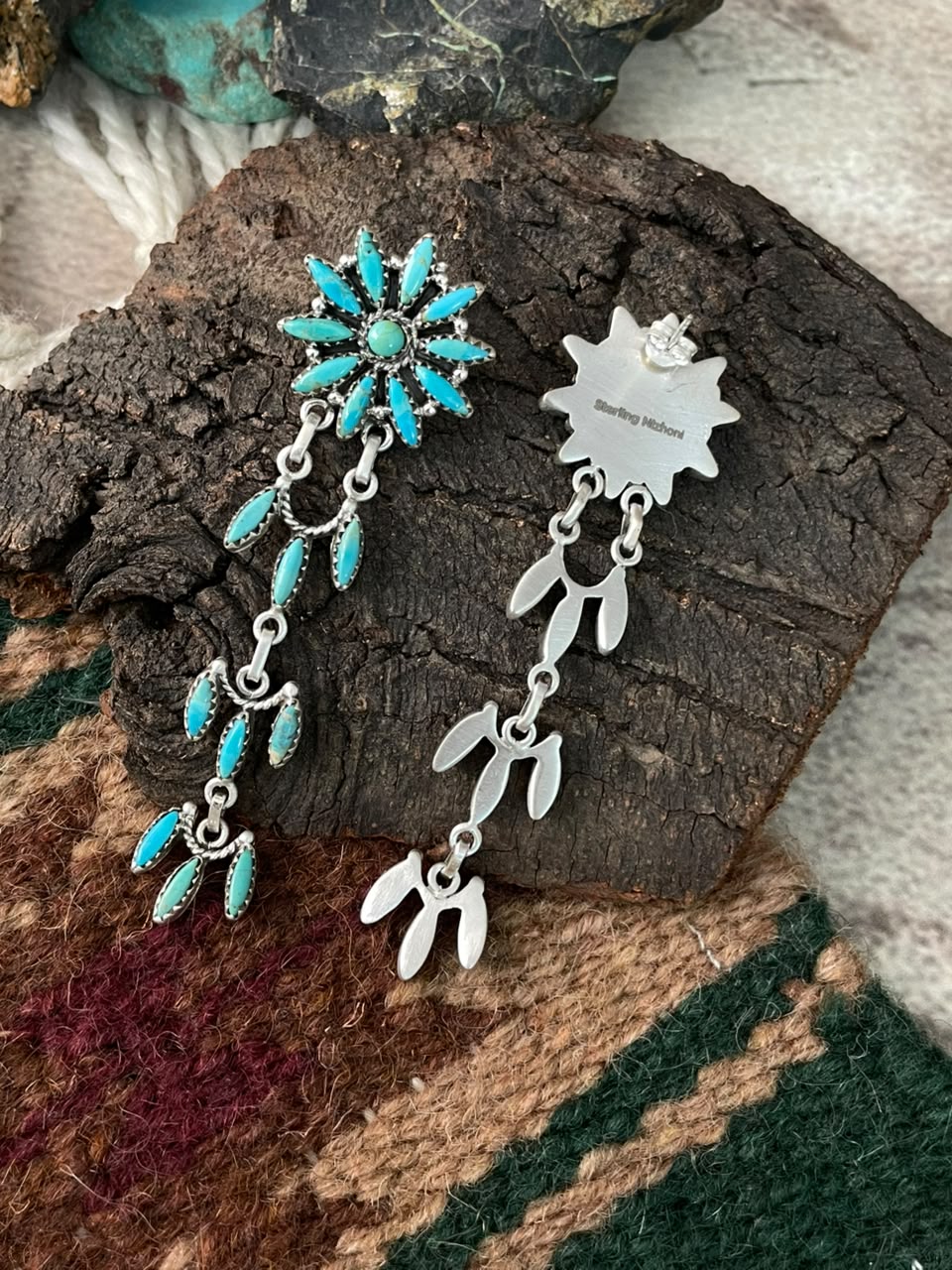 Handmade Sterling Silver Kingman Turquoise Post Dangle Earrings Signed Nizhoni
