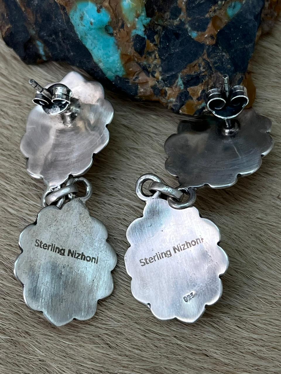 Handmade Sterling Silver Kingman Turquoise Post Dangle Earrings "Signed Nizhoni"