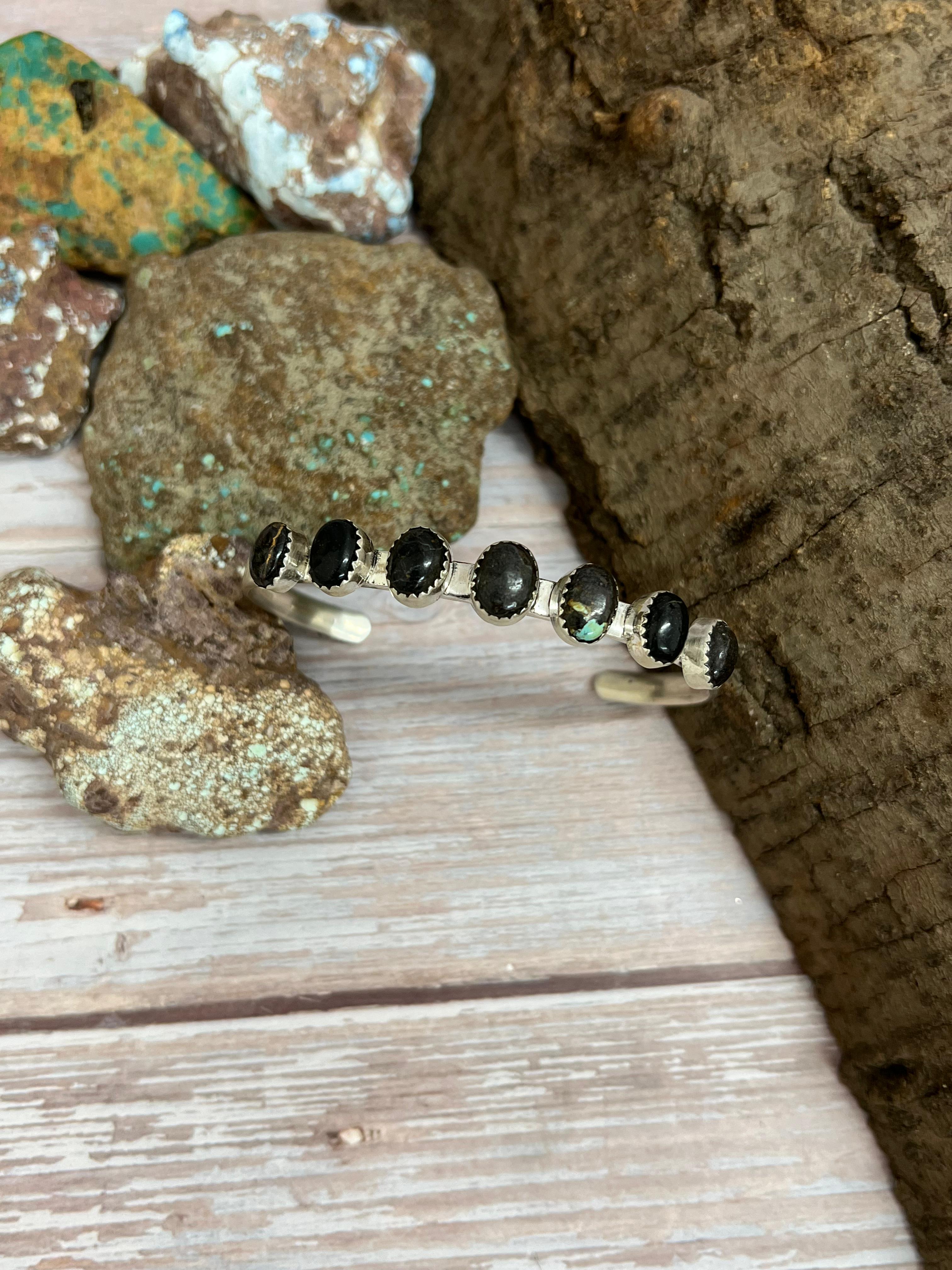 Handmade Sterling Silver Black Jack Cuff Bracelet with Signed Nizhoni