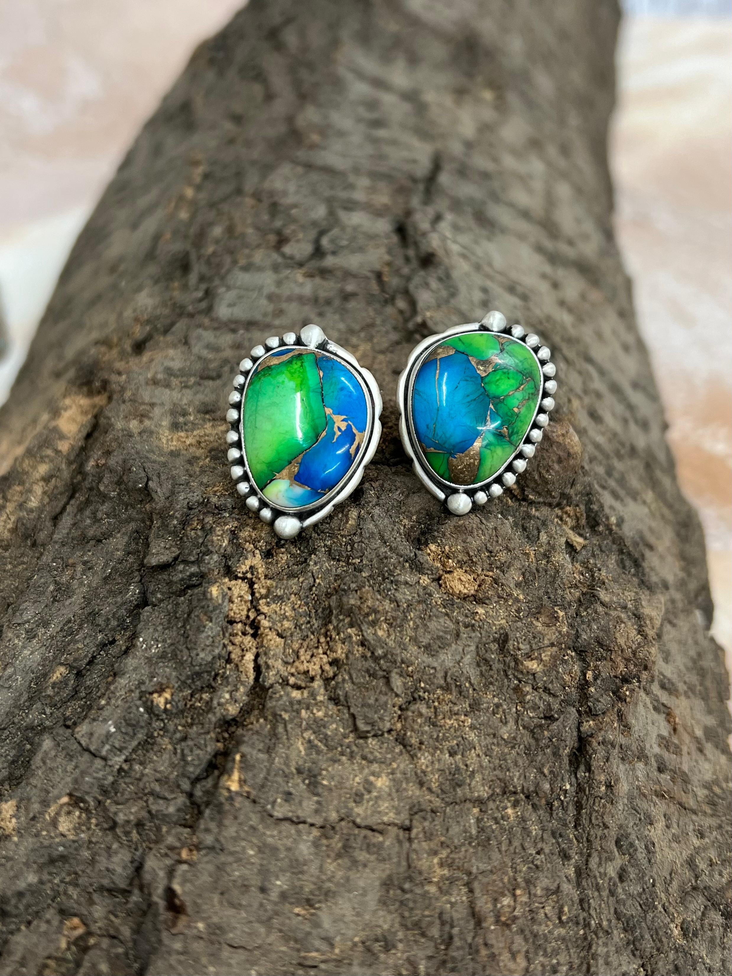 Handmade Sterling Silver Peacock Dahlia Post Earrings with Signed Nizhoni