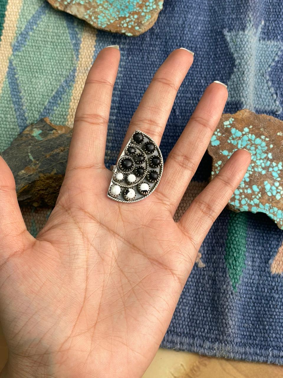 Handmade Sterling Silver White Buffalo Adjustable Ring "Signed Nizhoni"