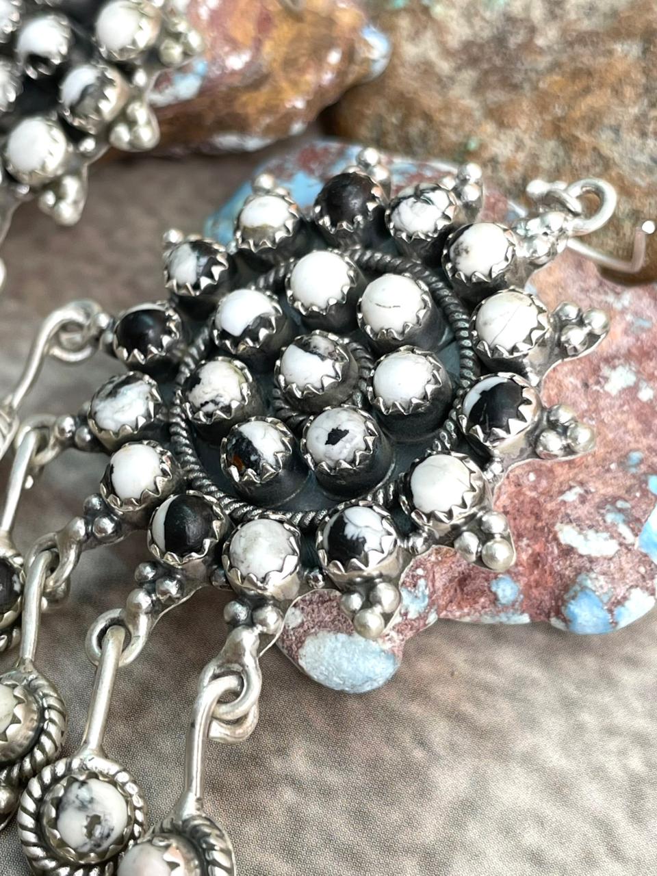 Handmade Sterling Silver White Buffalo Hook Dangle Earrings with Signed Nizhoni