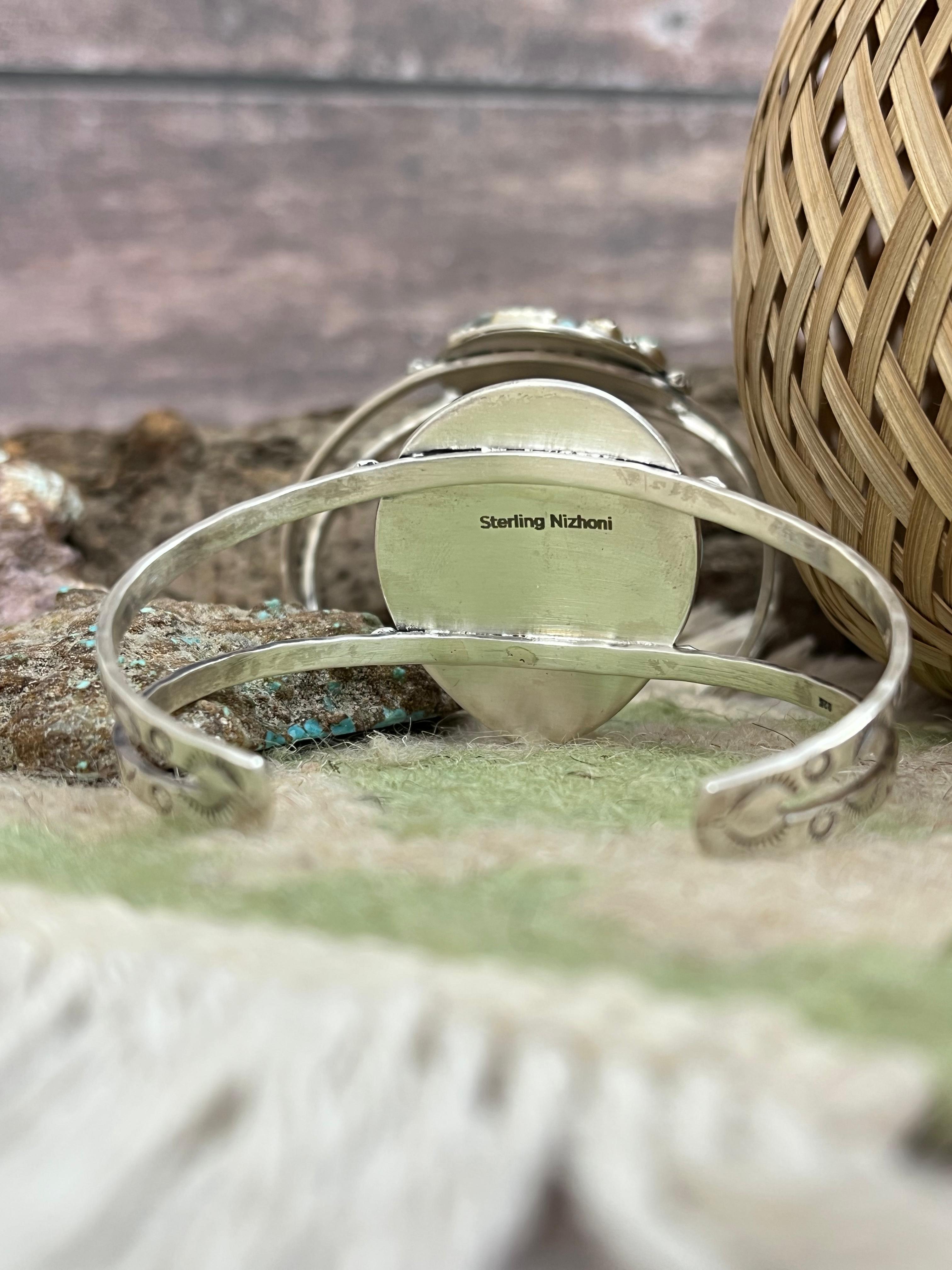 Handmade Sterling Silver Golden Hill, Sonoran Mountain Turquoise Bracelet with Signed Nizhoni /