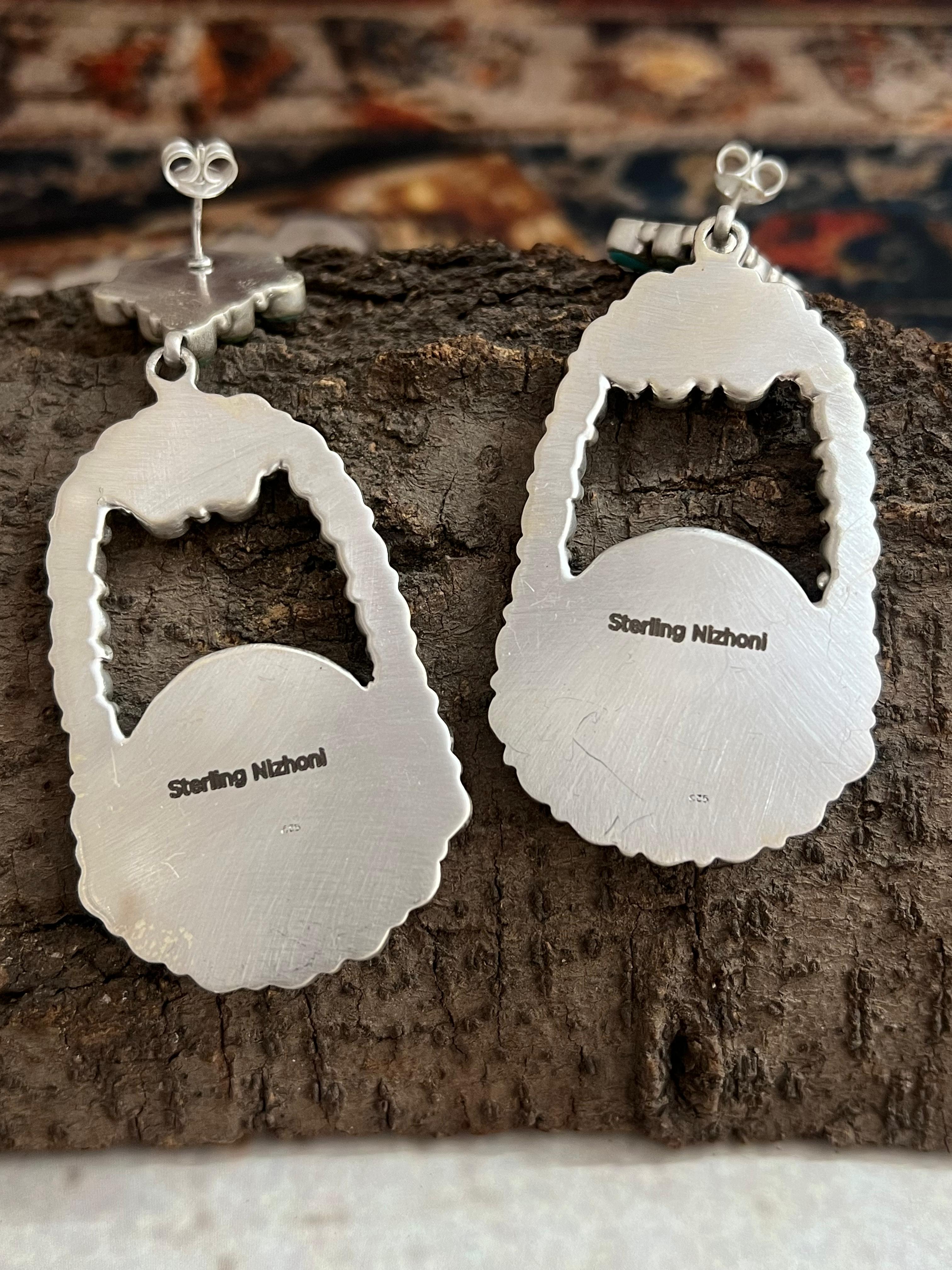 Handmade Sterling Silver Kingman Turquoise Post Dangle Earrings with Signed Nizhoni