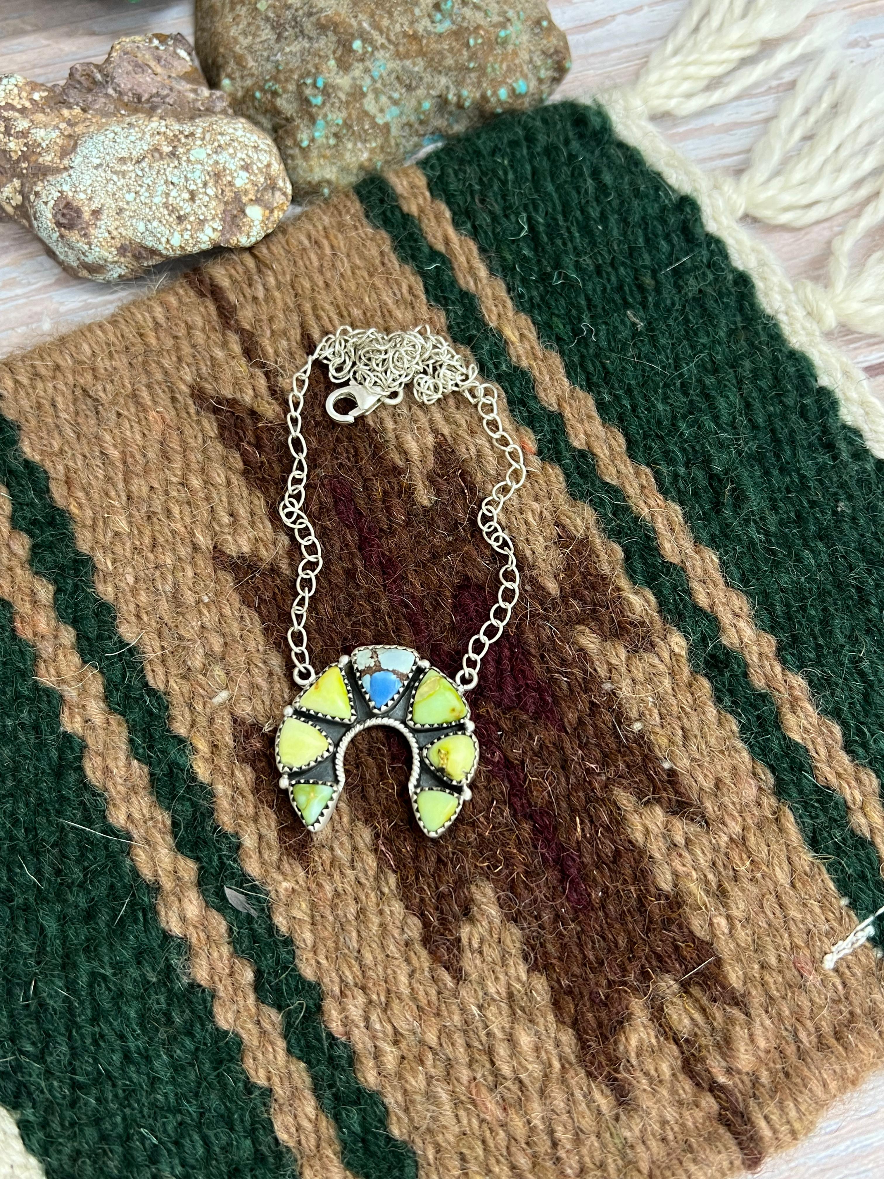 Handmade Sterling Silver Palomino, Golden Hills Turquoise Naja Necklace with Signed Nizhoni