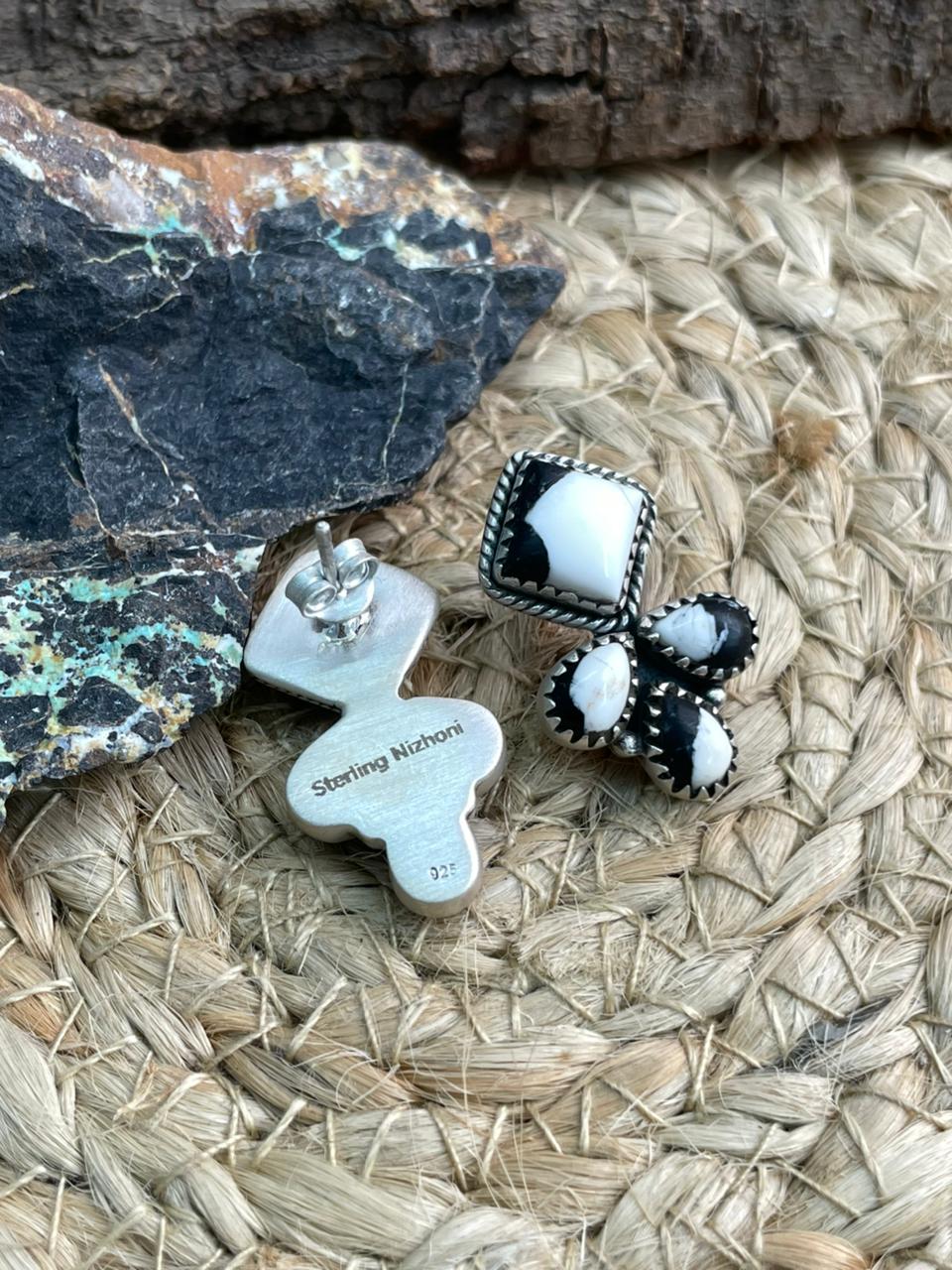 Handmade Sterling Silver White Buffalo Post Studs Earrings "Signed Nizhoni"