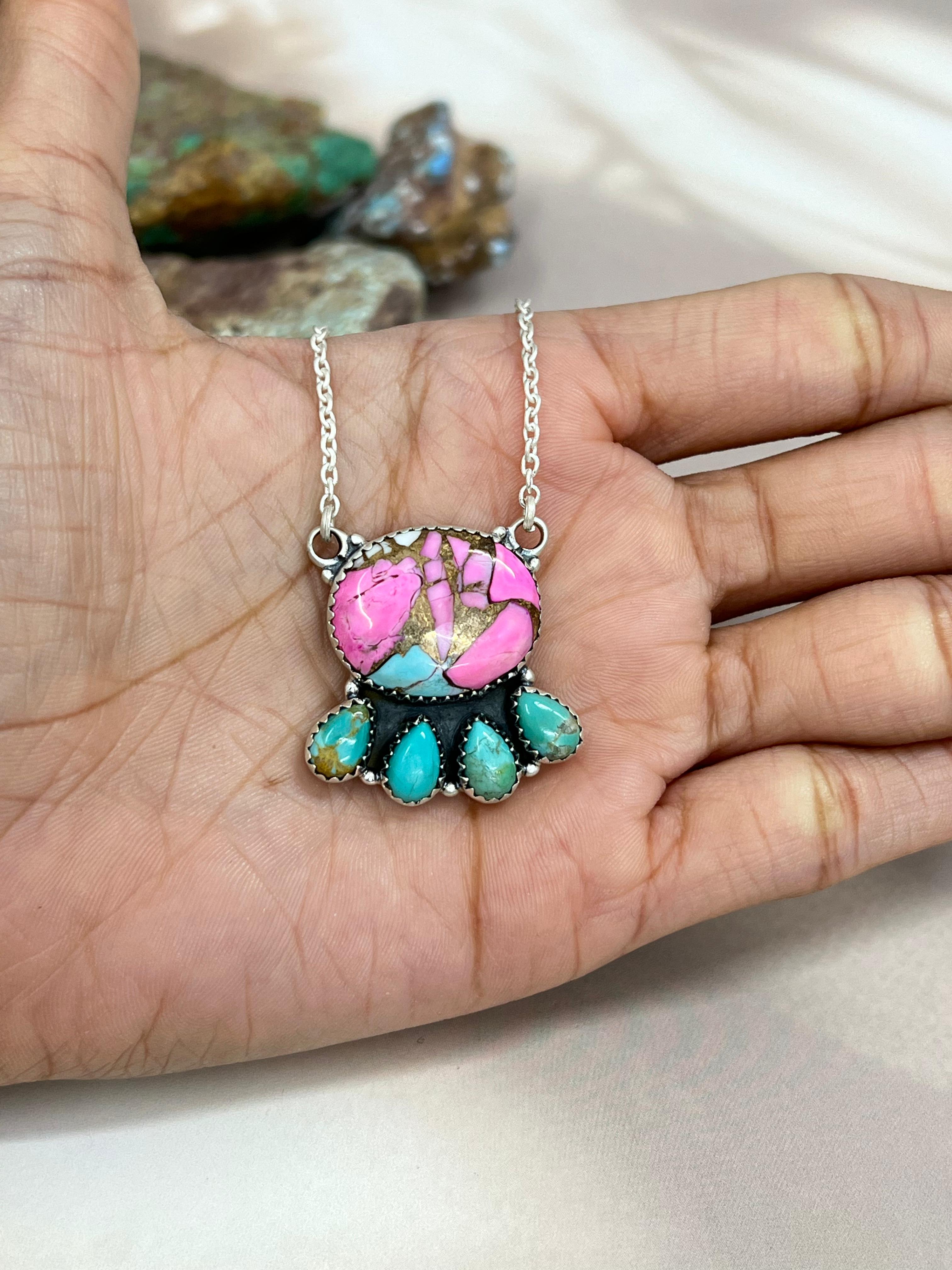 Handmade Sterling Silver Cotton Candy & Kingman Turquoise Necklace Signed Nizhoni