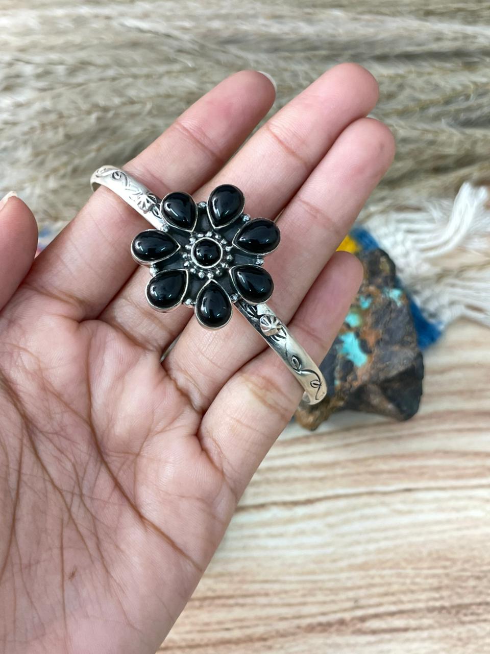 Handmade Sterling Silver Black Onyx Cuff Bracelet "Signed Nizhoni"