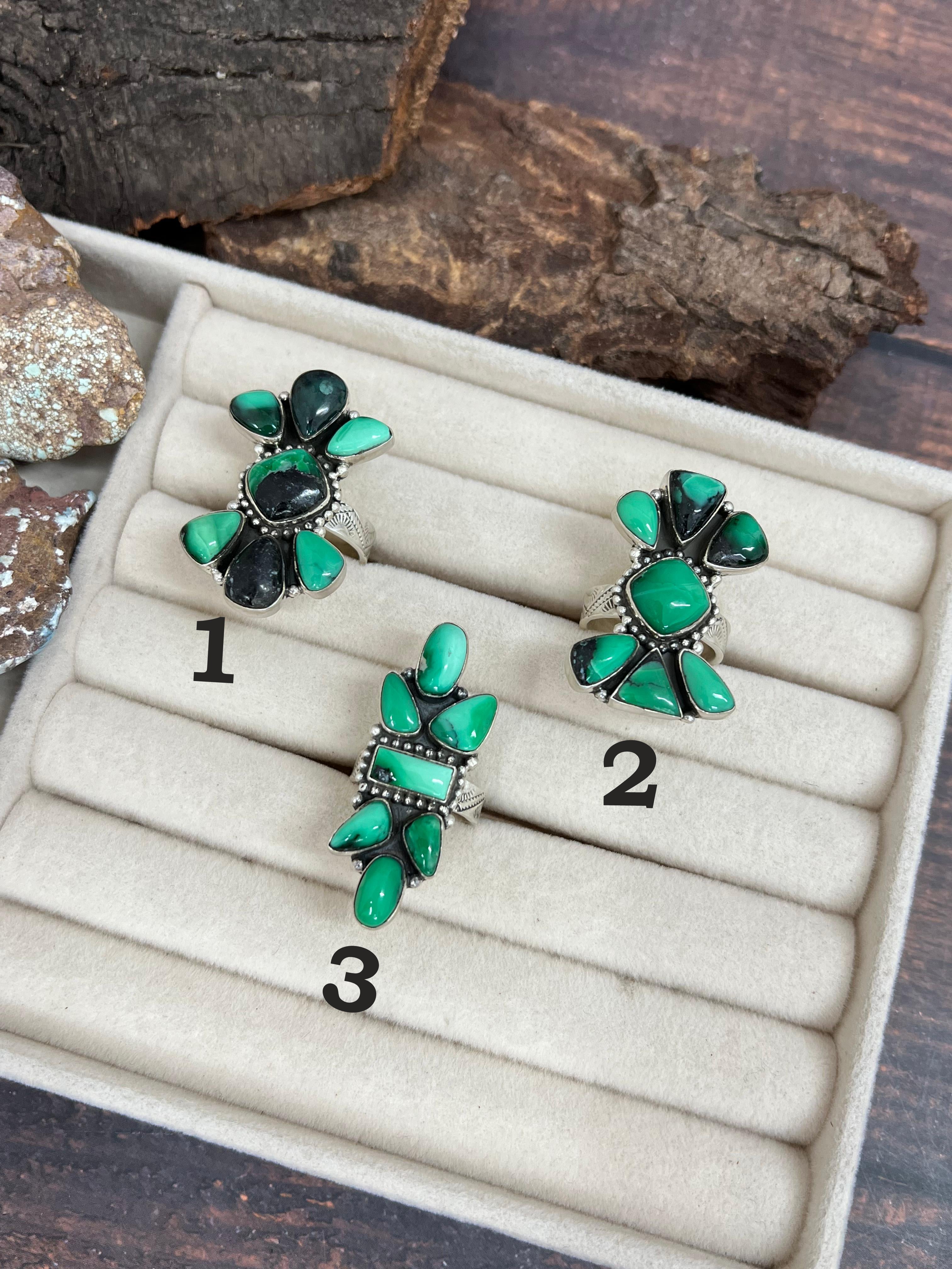 Handmade Sterling Silver Emerald Rose Variscite Adjustable Ring Signed Nizhoni