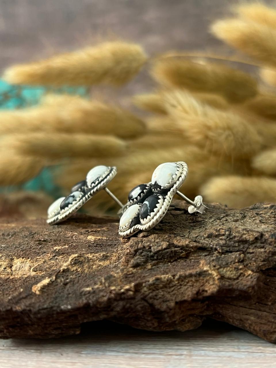 Handmade Sterling Silver White Buffalo Post Stud Earrings "Signed Nizhoni"