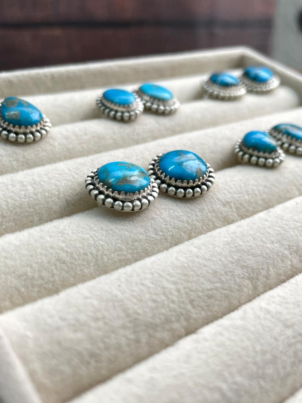 Handmade Sterling Silver Arizona Blue Turquoise Post Studs Earrings "Signed Nizhoni"