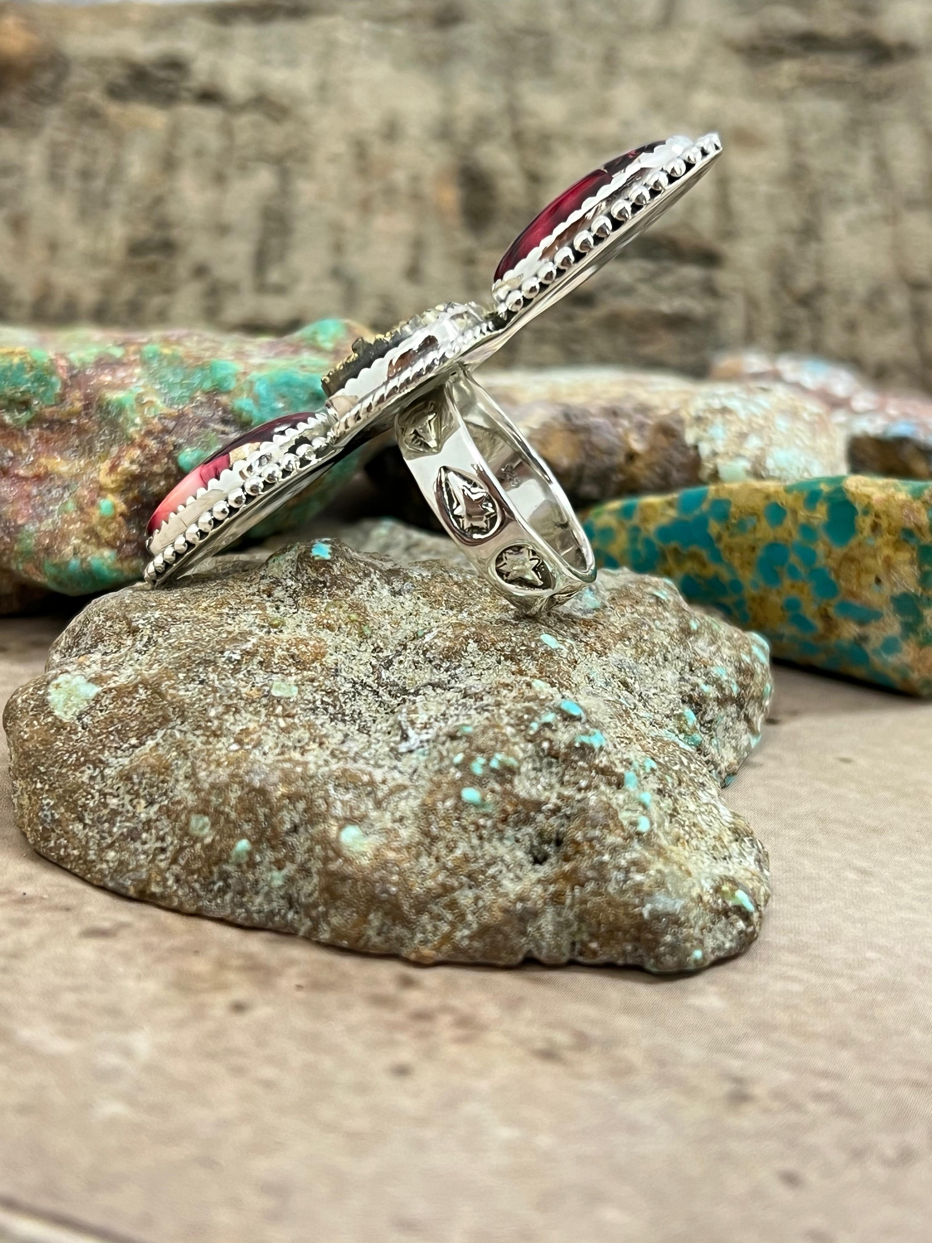 Handmade Sterling Silver Dahlia Rose with Druzy Adjustable Ring with Signed Nizhoni