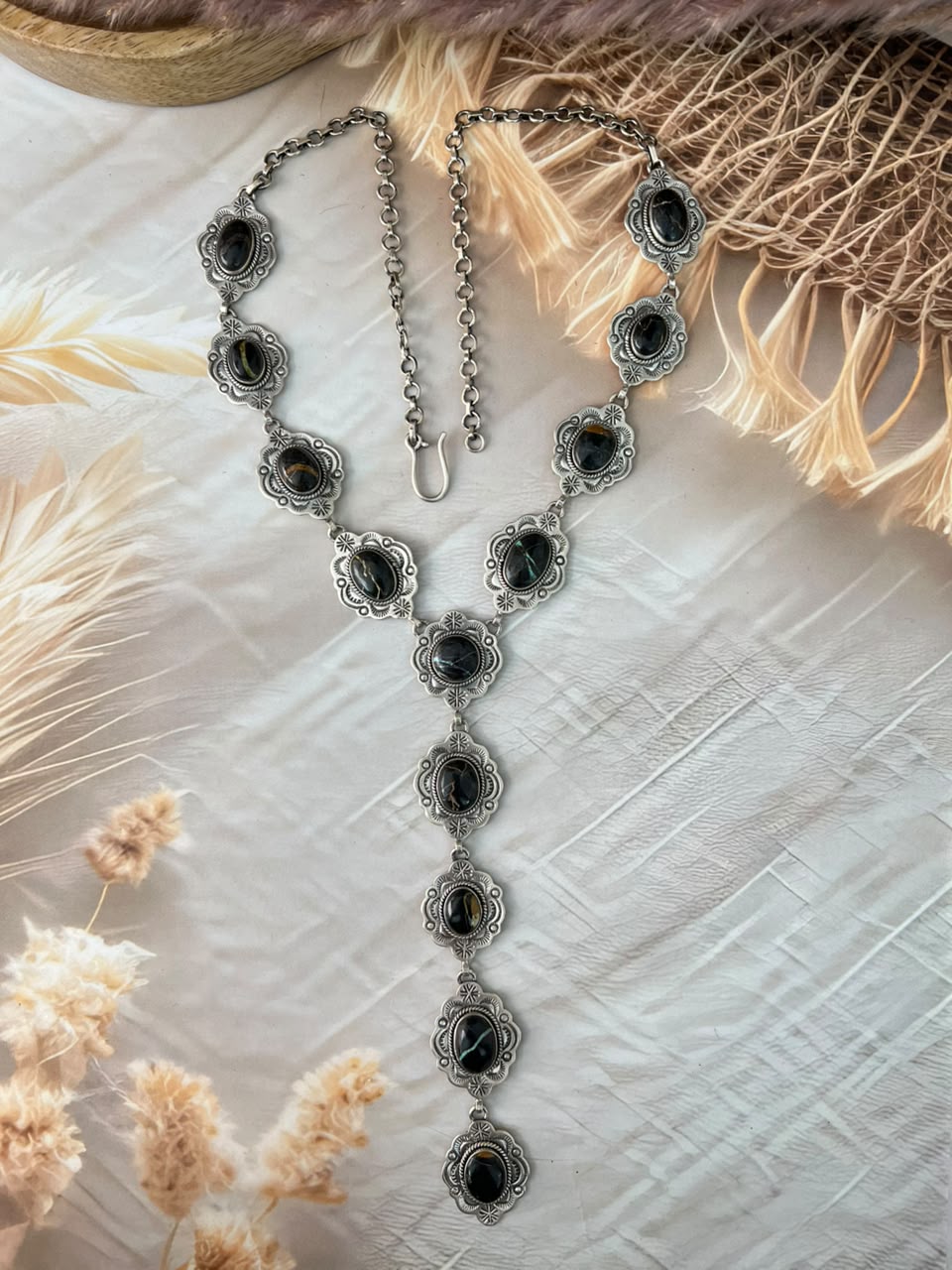Handmade Sterling Silver Blackjack Turquoise Collection: 'Y Shaped' Necklace Signed Nizhoni