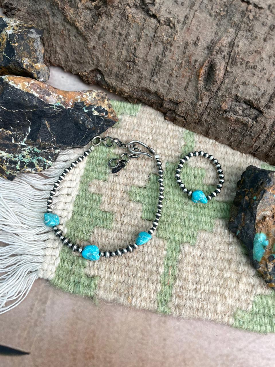 Handmade Sterling Silver White Water Beaded Bracelet and Ring Set