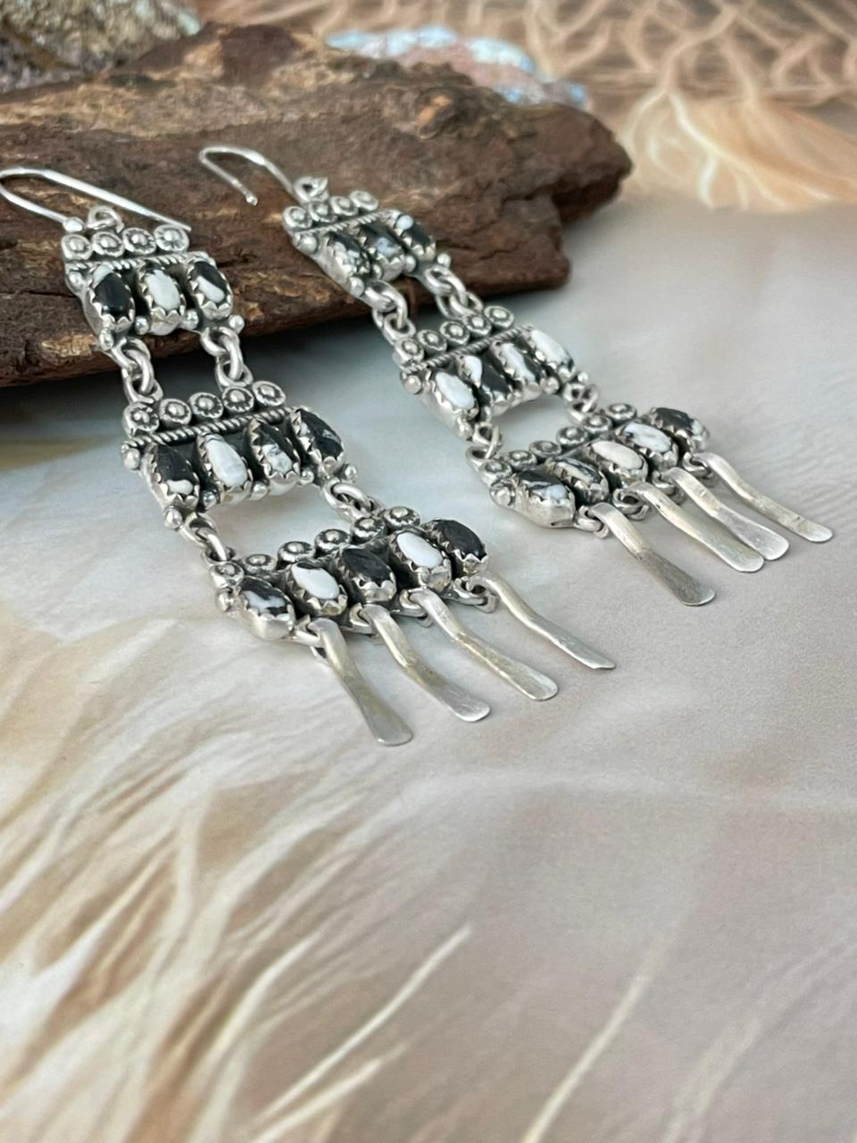 Handmade Sterling Silver White Buffalo Hook Dangle Earrings "Signed Nizhoni"