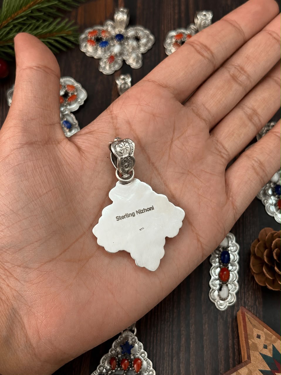 Handmade Sterling Silver Lapis with Coral and White Buffalo Christmas Ornaments Collection: Pendant Signed Nizhoni (2)