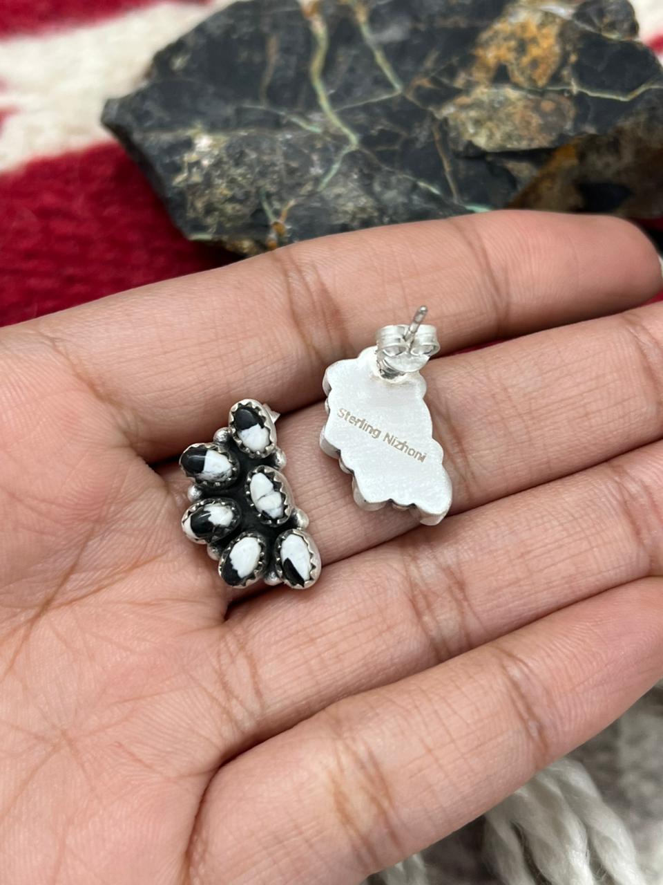 Handmade Sterling Silver White Buffalo with Red Opal Studs Earrings "Signed Nizhoni"