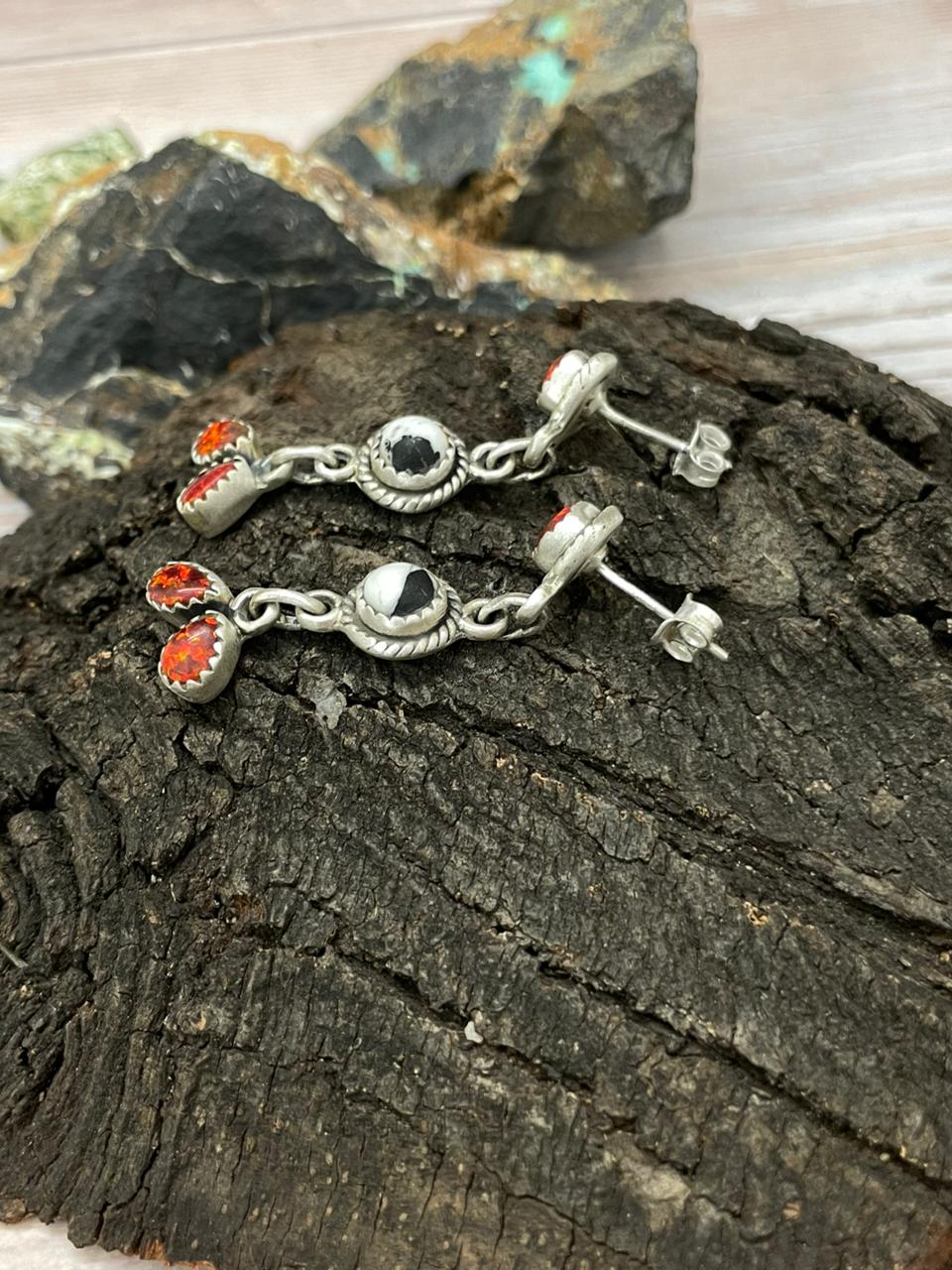 "Christmas Collection" Handmade Sterling Silver White Buffalo with Red Opal Dangle Earrings "Signed Nizhoni"