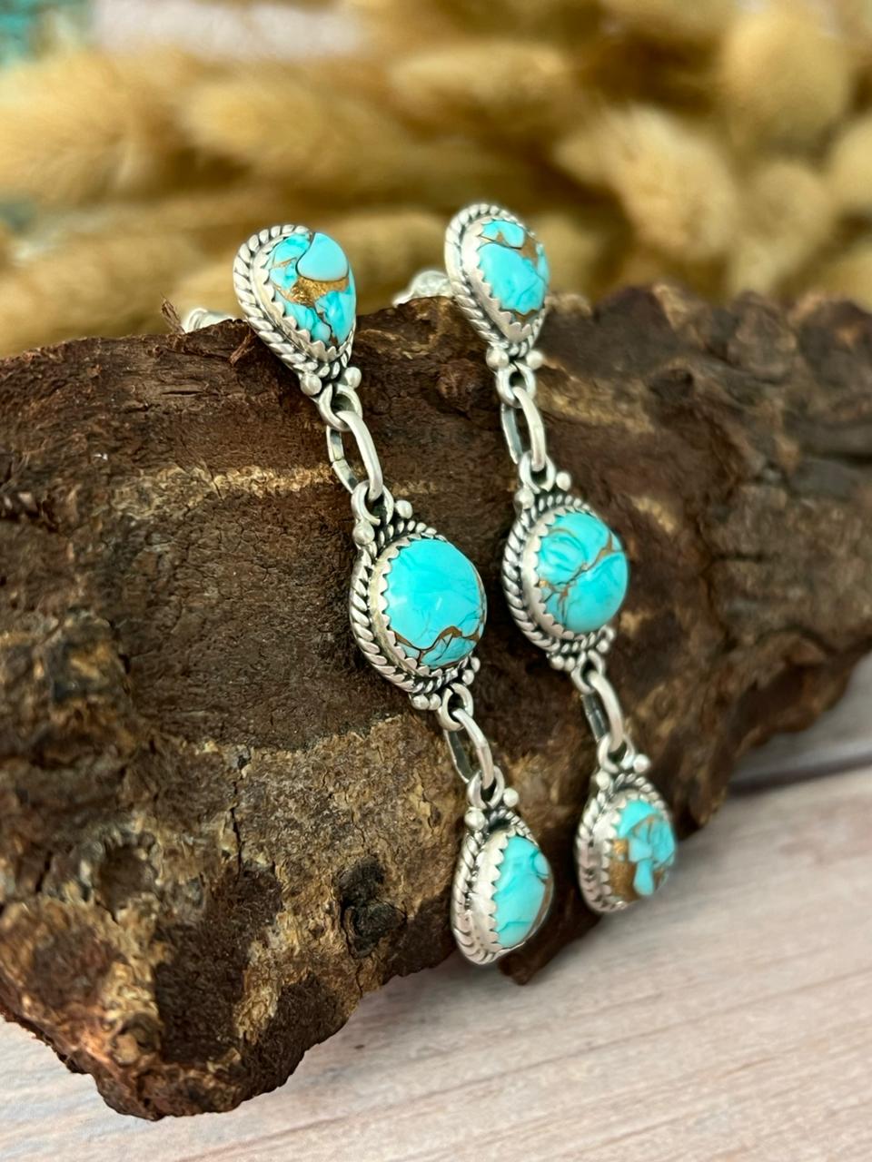 Handmade Sterling Silver Mint Dahlia Collection: Post Dangle Earrings "Signed Nizhoni"