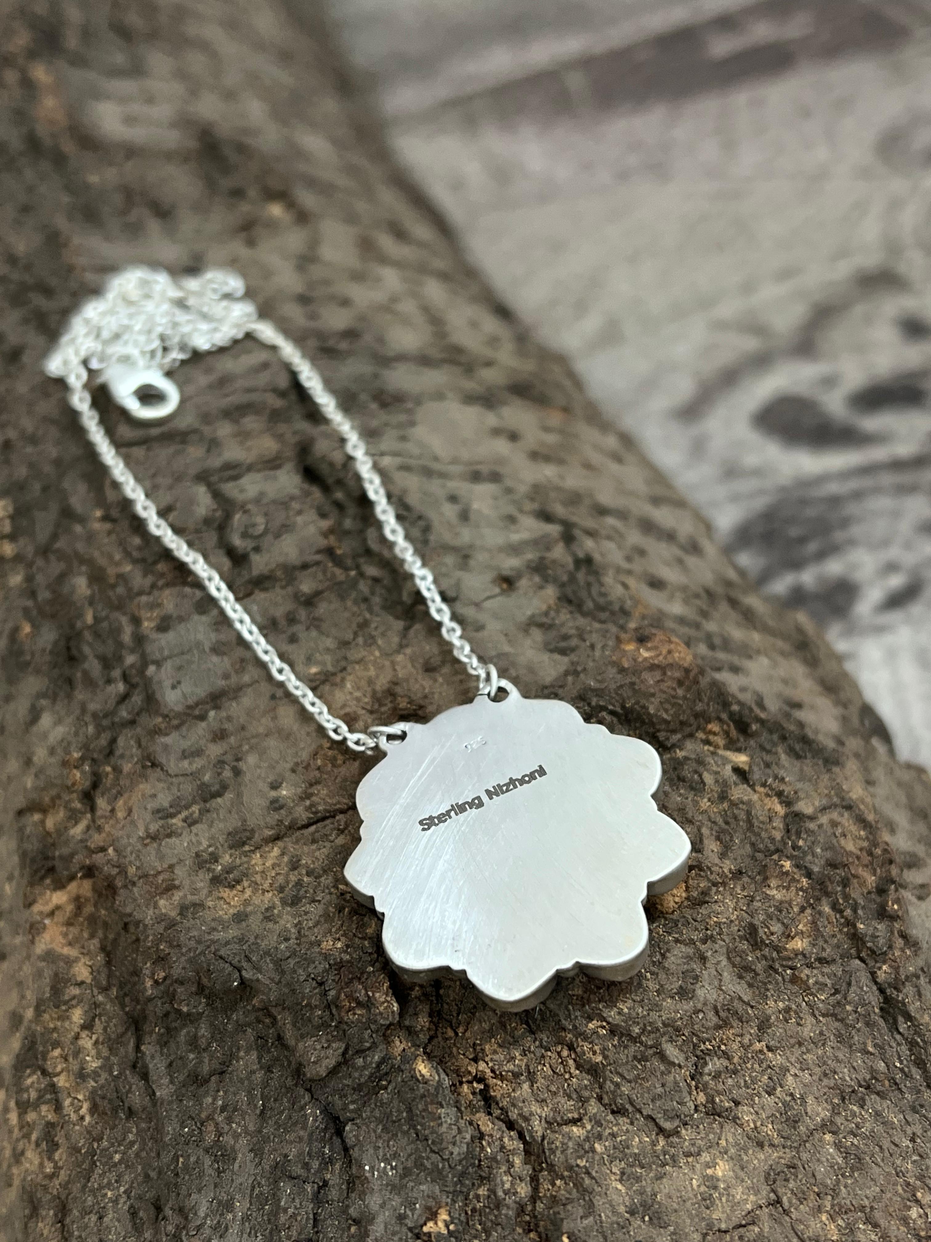 Handmade Sterling Silver Sonoran Mountain Turquoise Necklace with Signed Nizhoni