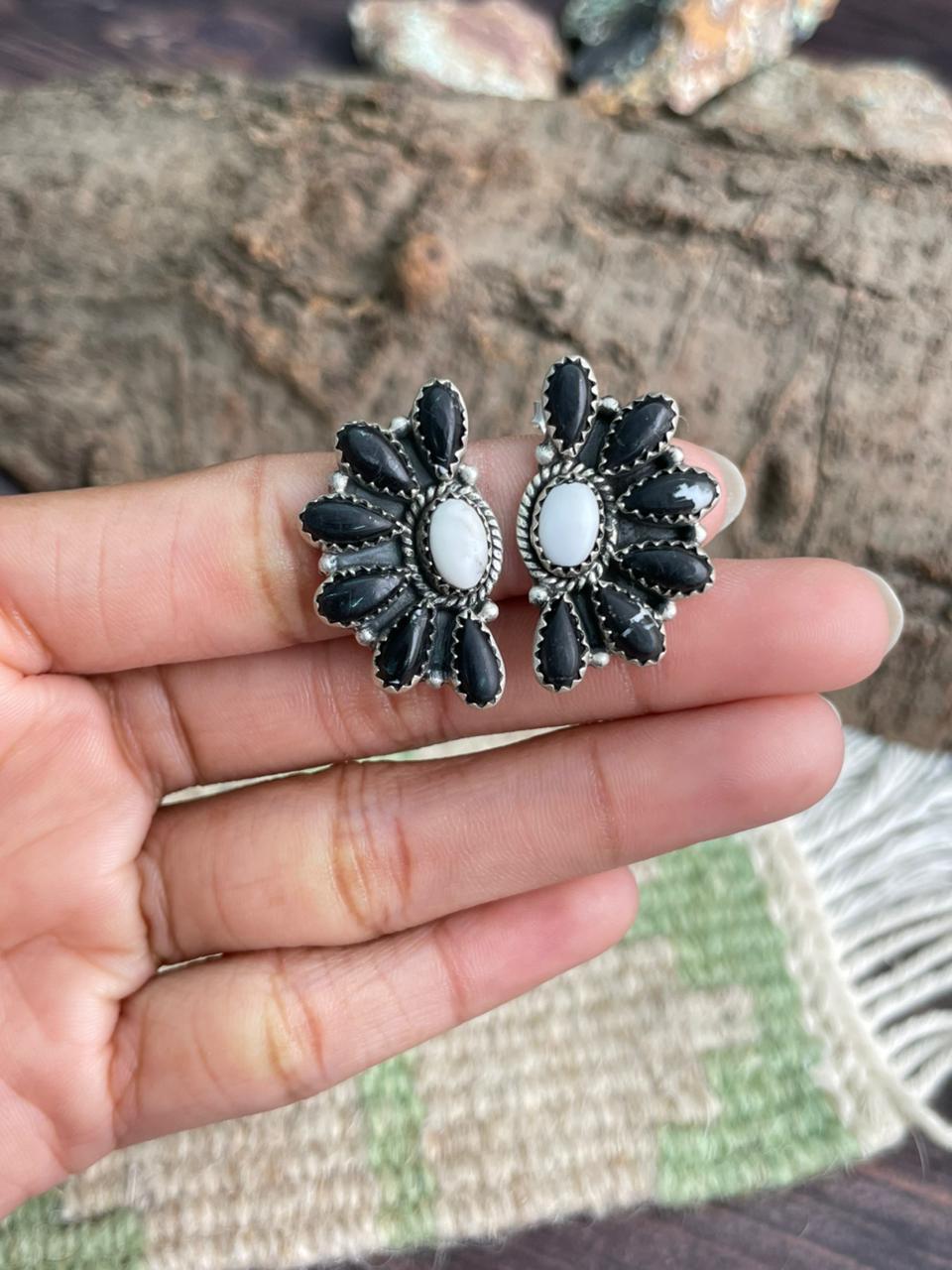 Handmade Sterling Silver White Buffalo Post Studs Earrings "Signed Nizhoni"