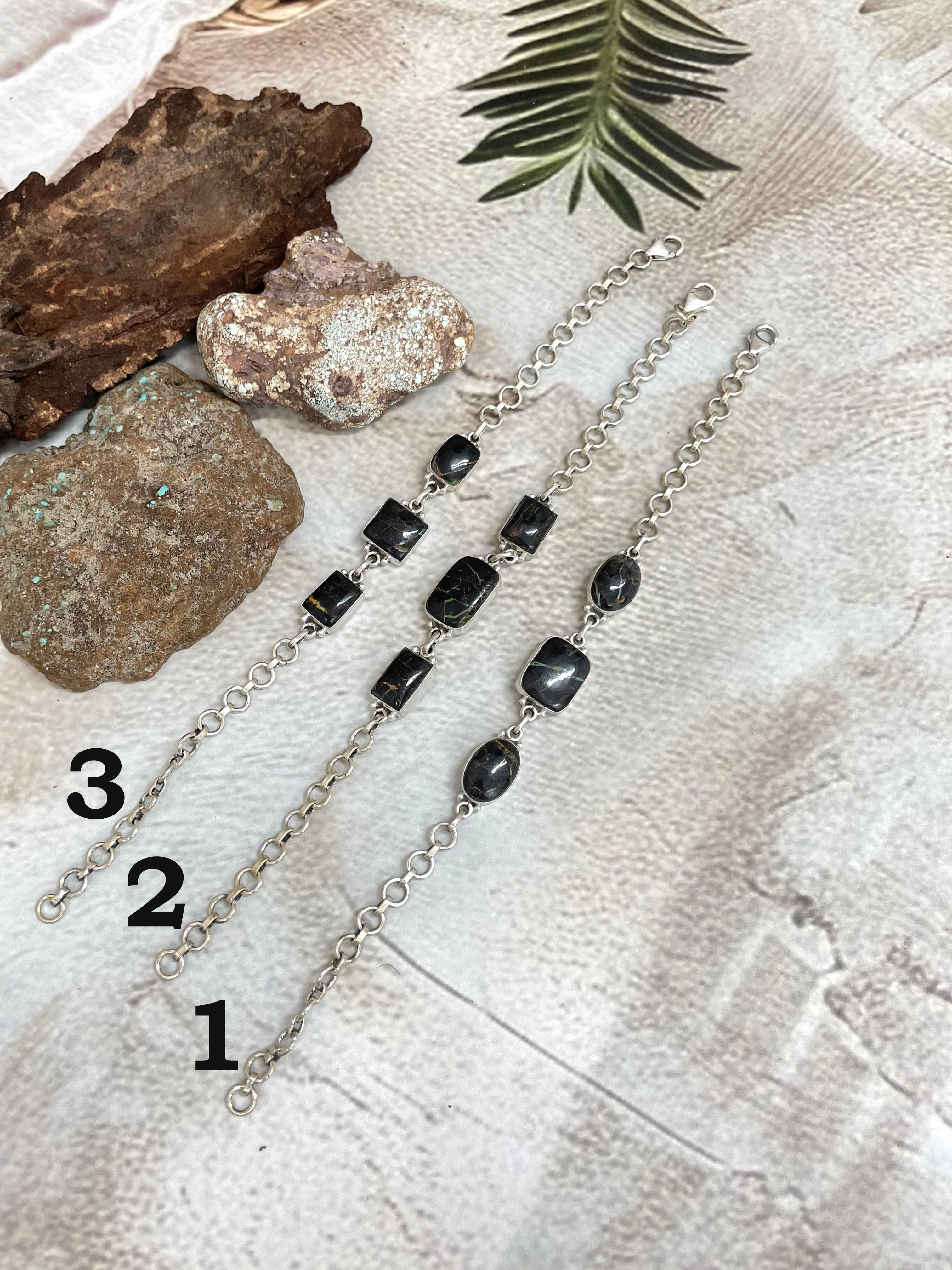 Handmade Sterling Silver Blackjack Turquoise Chain Bracelet Signed Nizhoni