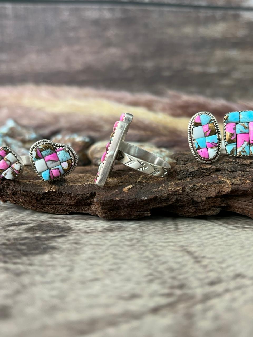 Handmade Sterling Silver 'Cotton Candy Cobble Collection' Adjustable Ring "Signed Nizhoni"
