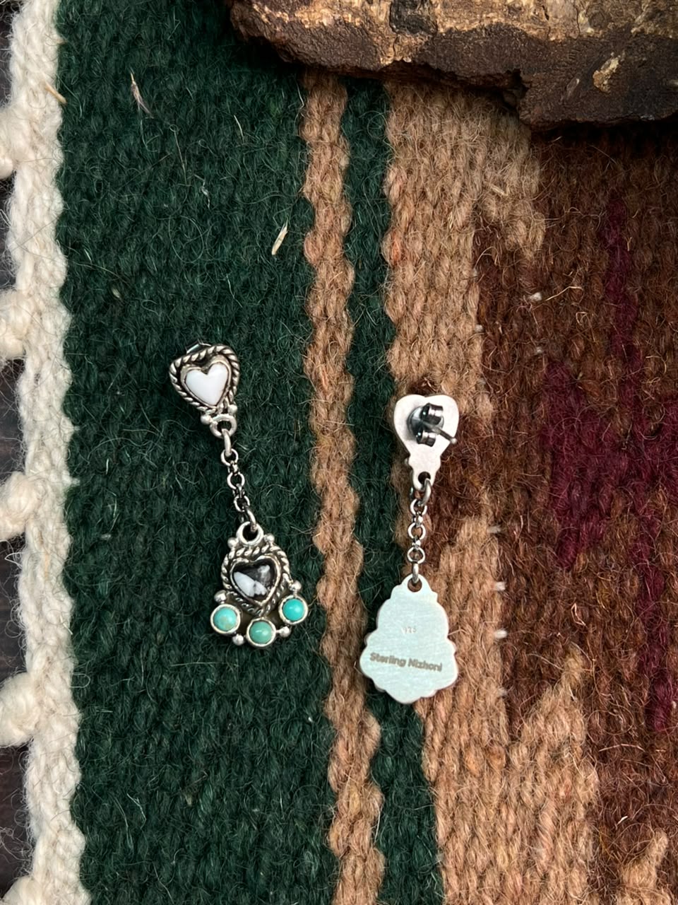Handmade Sterling Silver Kingman Turquoise with White Buffalo Post Dangle Earrings Signed Nizhoni