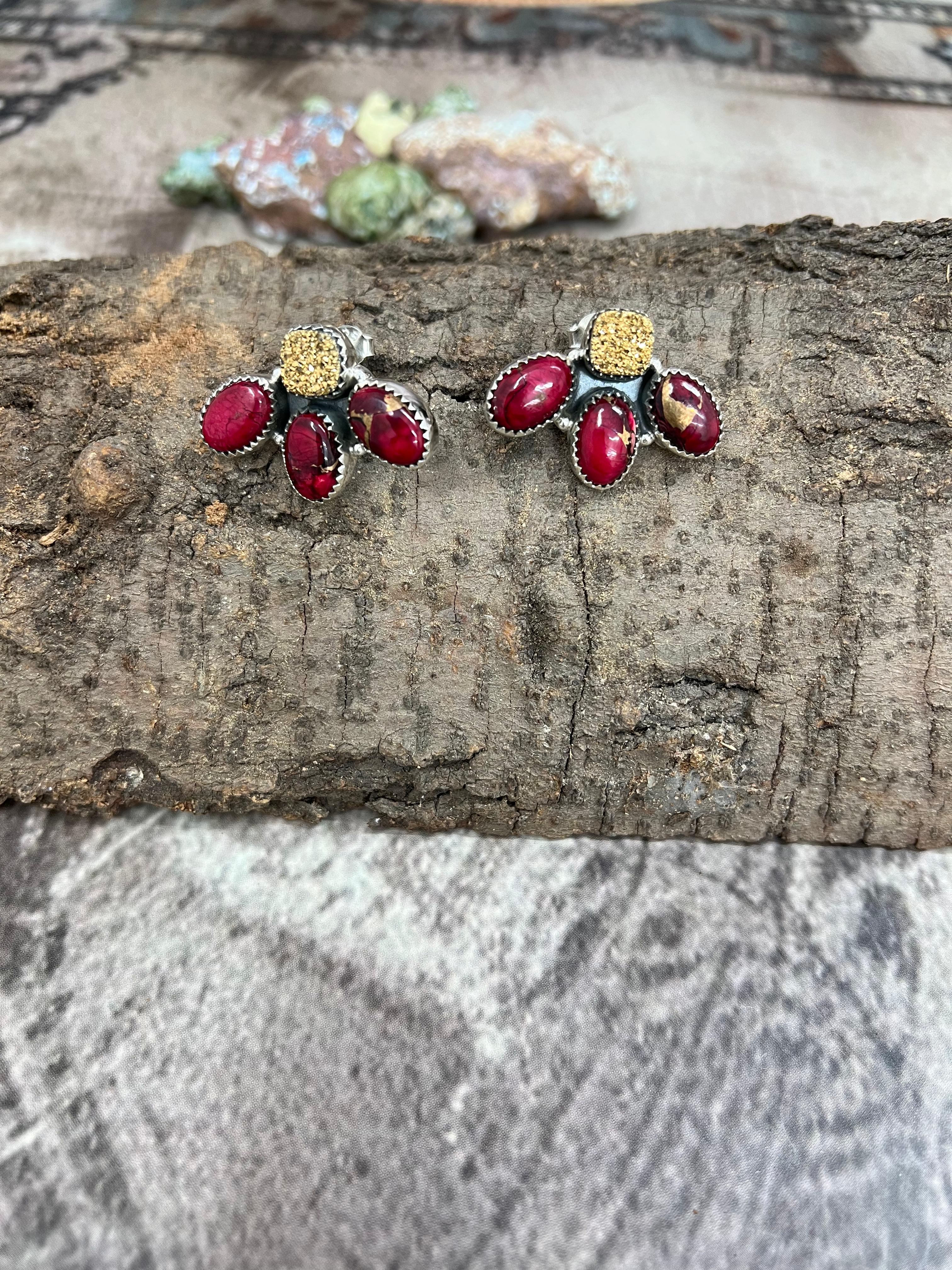 Handmade Sterling Silver Dahlia Rose with Druzy Post Earrings with Signed Nizhoni