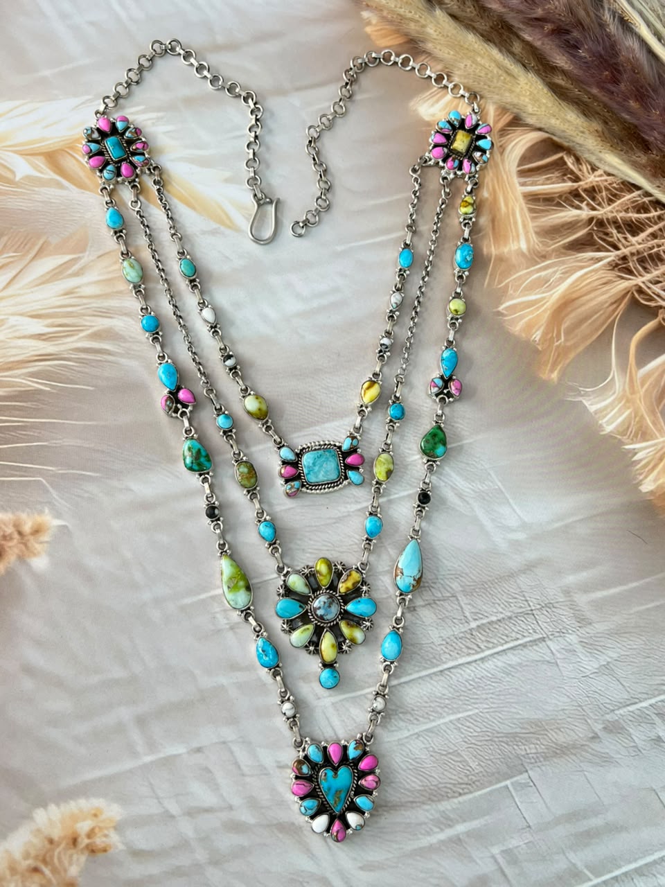 Handmade Sterling Silver White Water with Sierra Bella, Sonoran Mountain, Golden Hills, White Buffalo, Cotton Candy and Palomino Turquoise Layered Necklace Signed Nizhoni