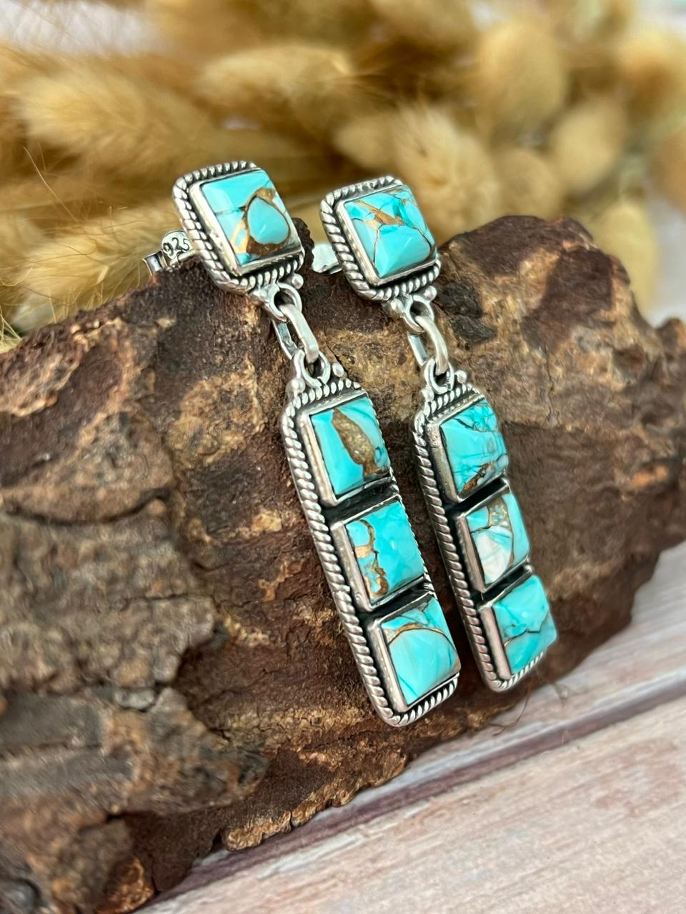 Handmade Sterling Silver Mint Dahlia Collection: Post Dangle Earrings "Signed Nizhoni"