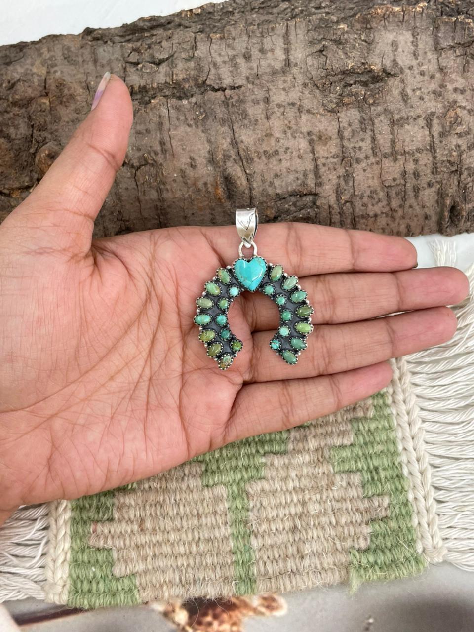 Handmade Sterling Silver Kingman Turquoise Naja Pendant "Signed Nizhoni"