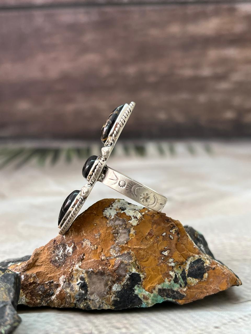 Handmade Sterling Silver Blackjack Turquoise Adjustable Ring " Signed Nizhoni"