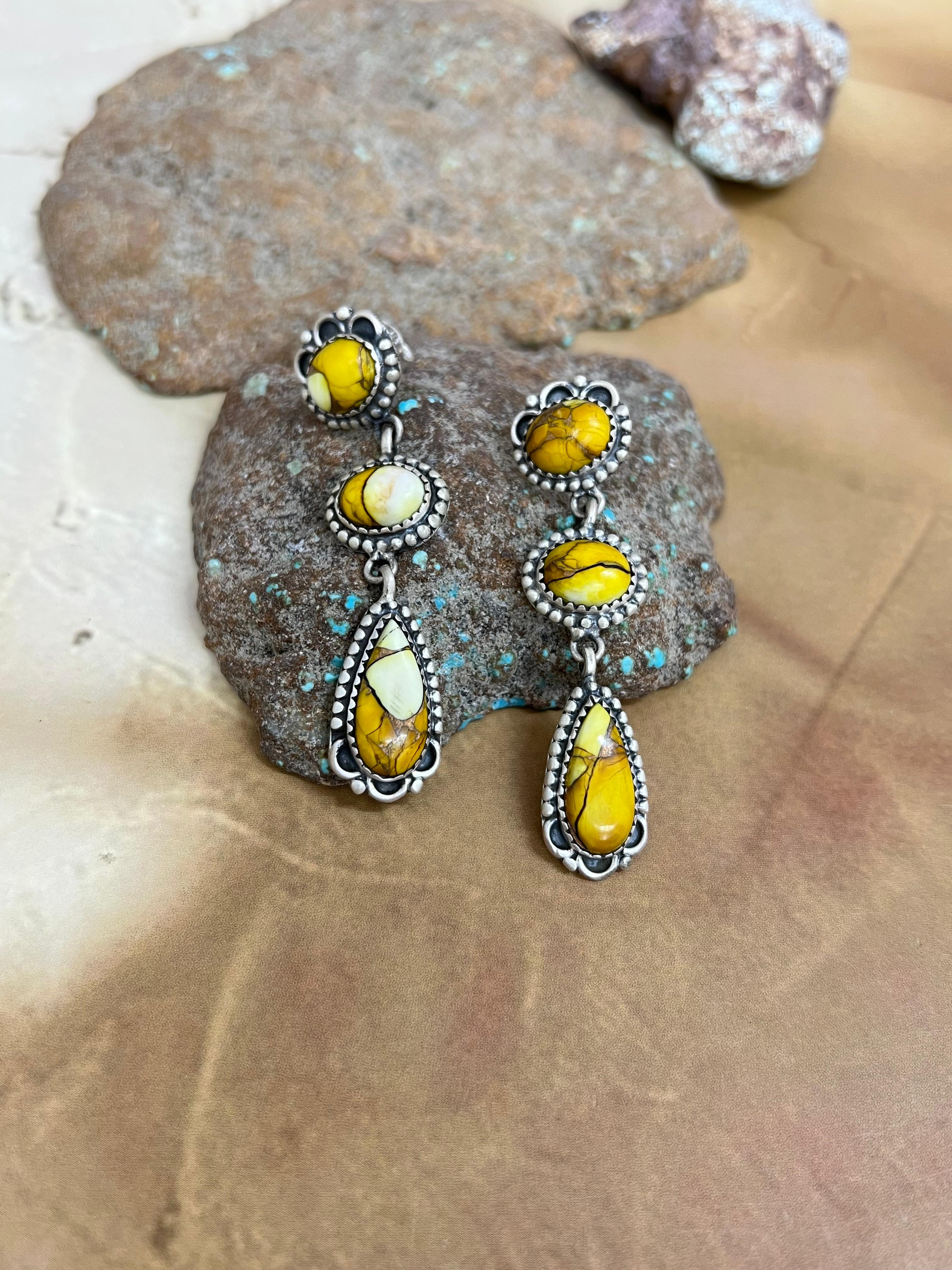 Handmade Sterling Silver Honey Dahlia Post Dangle Earrings with Signed Nizhoni